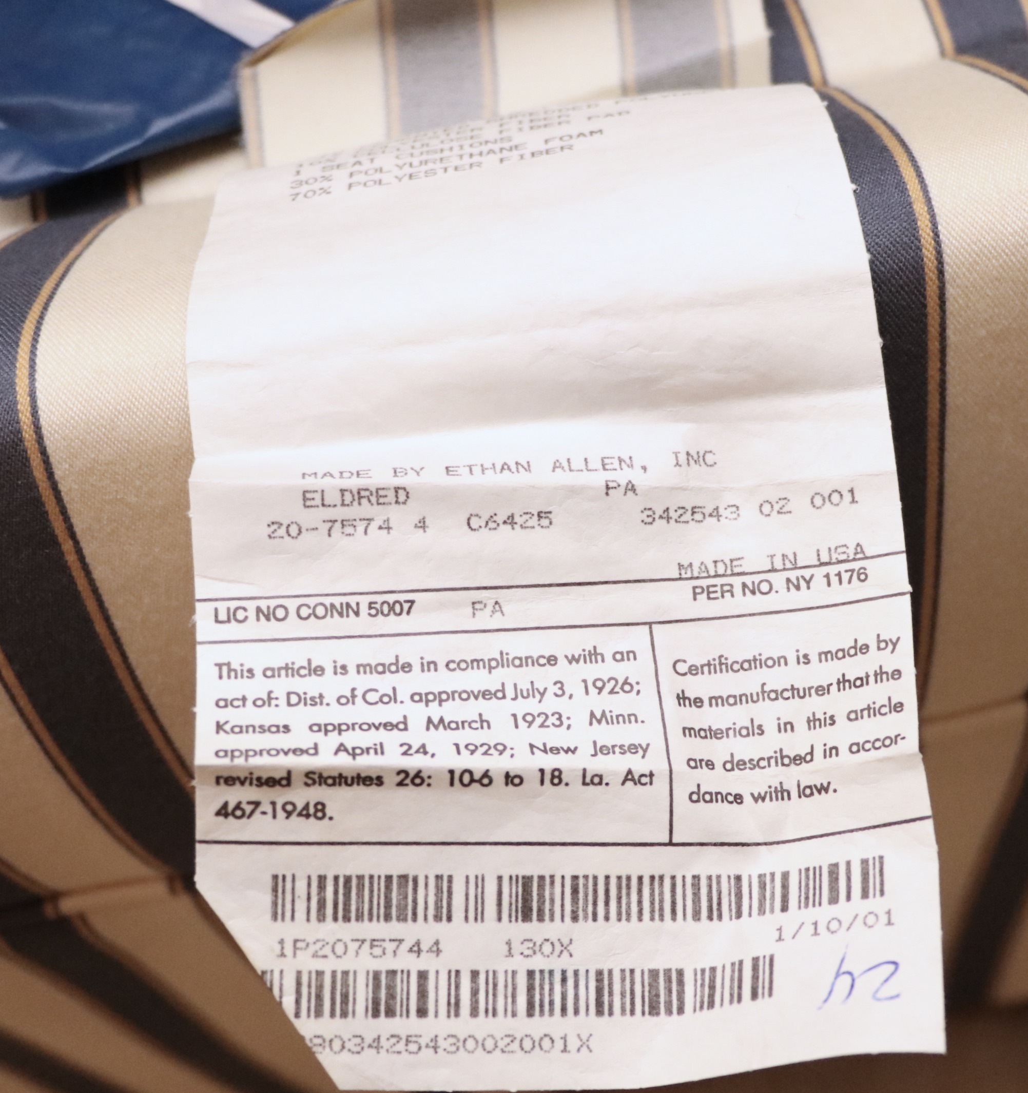 Ethan Allen Ticking Stripe Upholstered Wingback Armchair