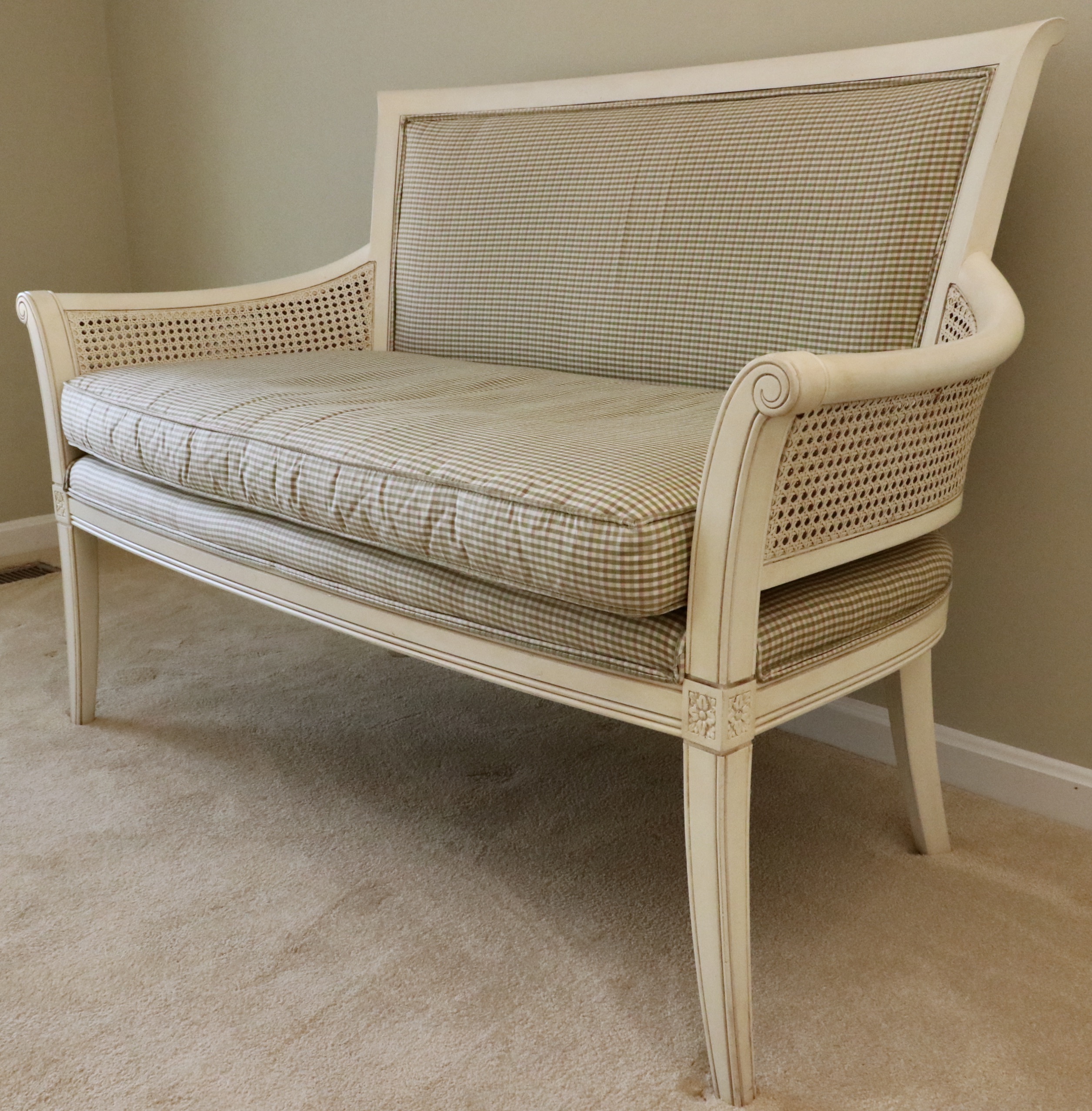 Ethan Allen "Legacy Collection" Caned Arm Upholstered Settee in Antique White