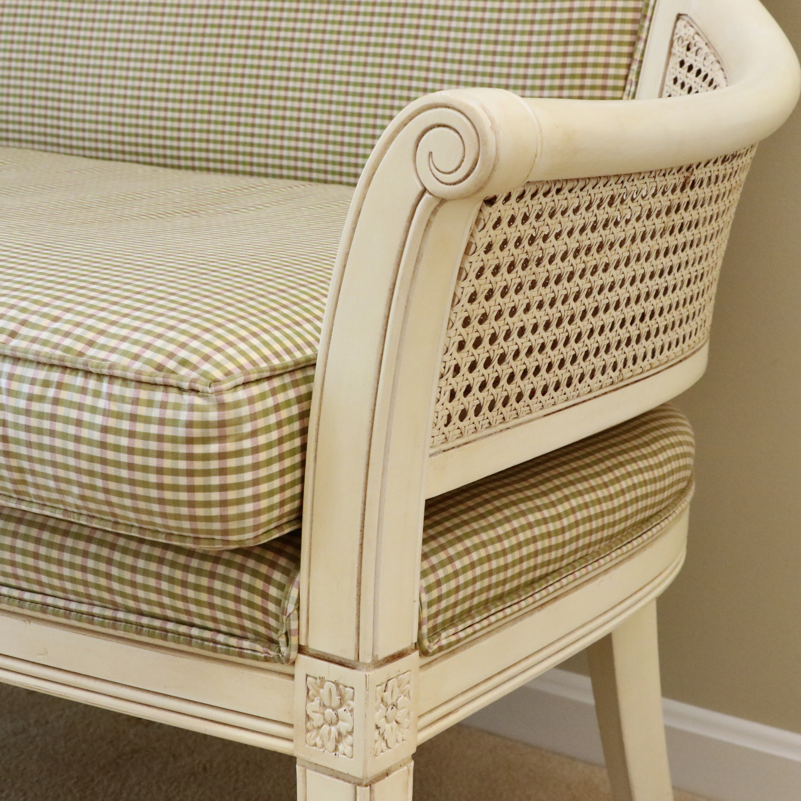 Ethan Allen "Legacy Collection" Caned Arm Upholstered Settee in Antique White