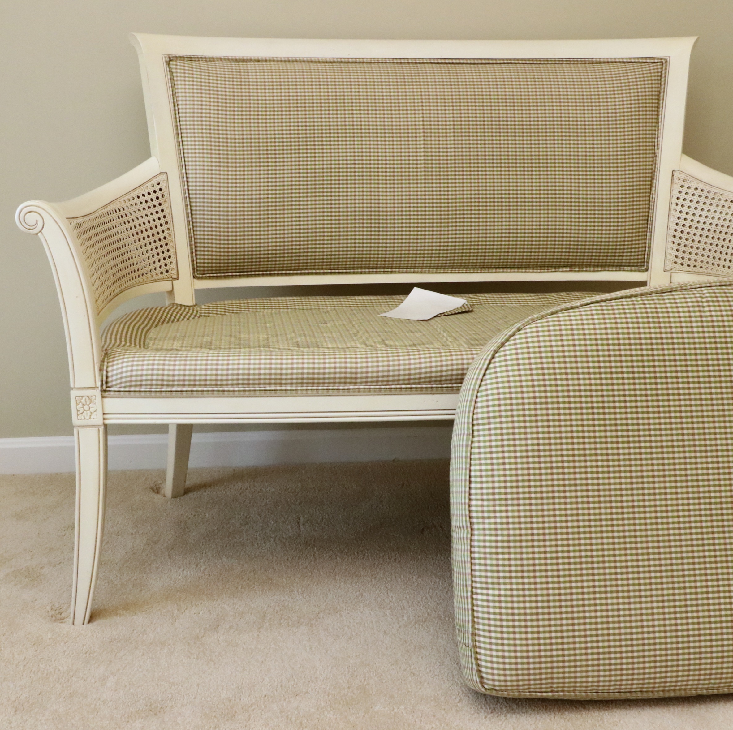 Ethan Allen "Legacy Collection" Caned Arm Upholstered Settee in Antique White