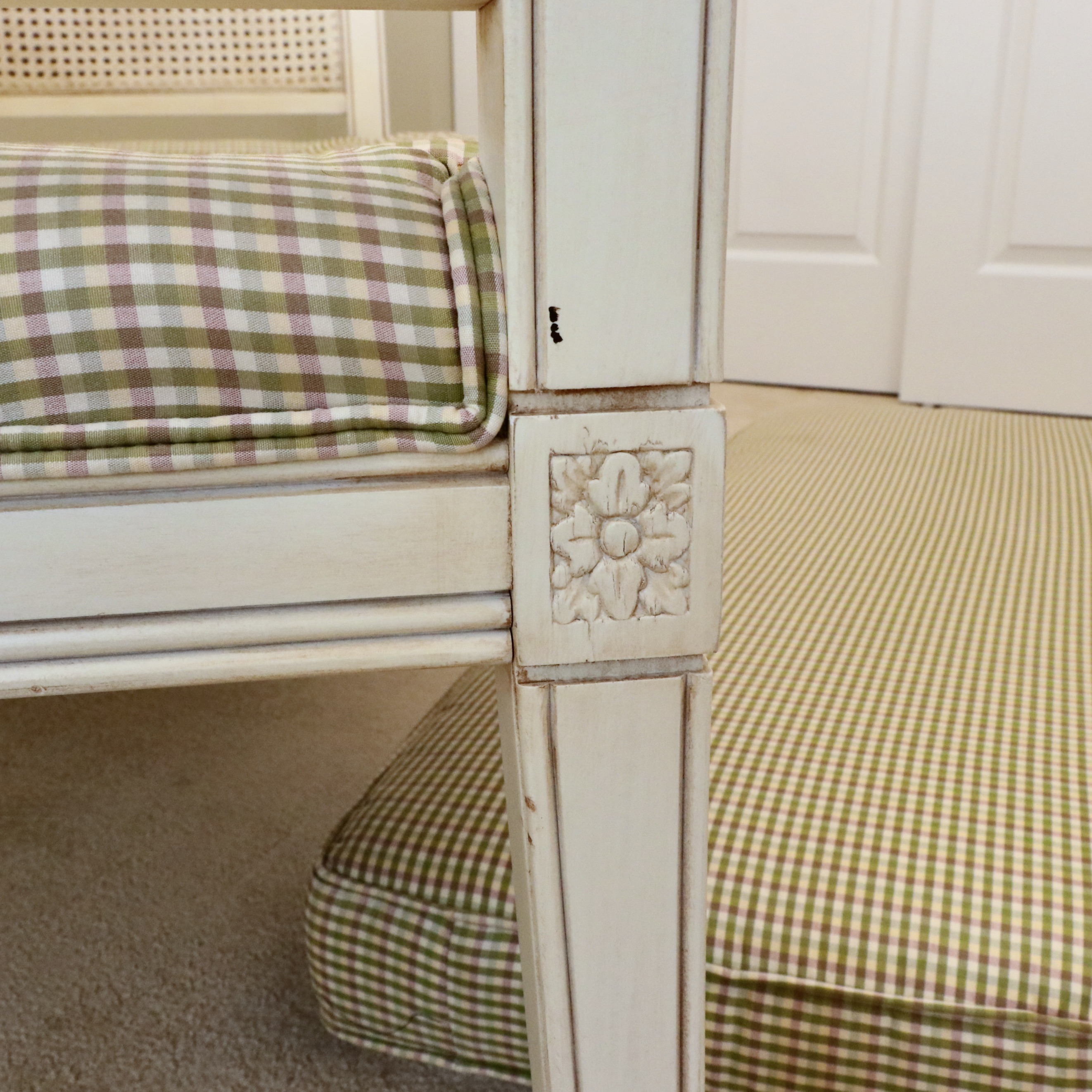 Ethan Allen "Legacy Collection" Caned Arm Upholstered Settee in Antique White