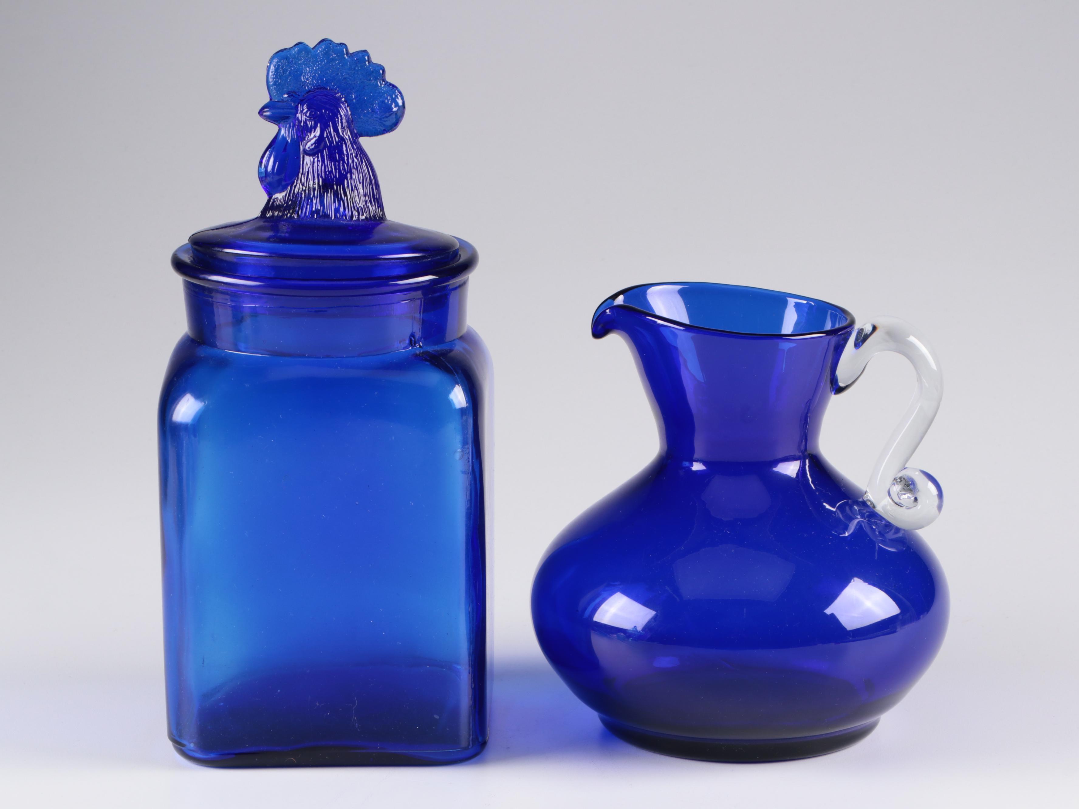 Cobalt and Turquoise Glass Jars, Vases, and Pitcher