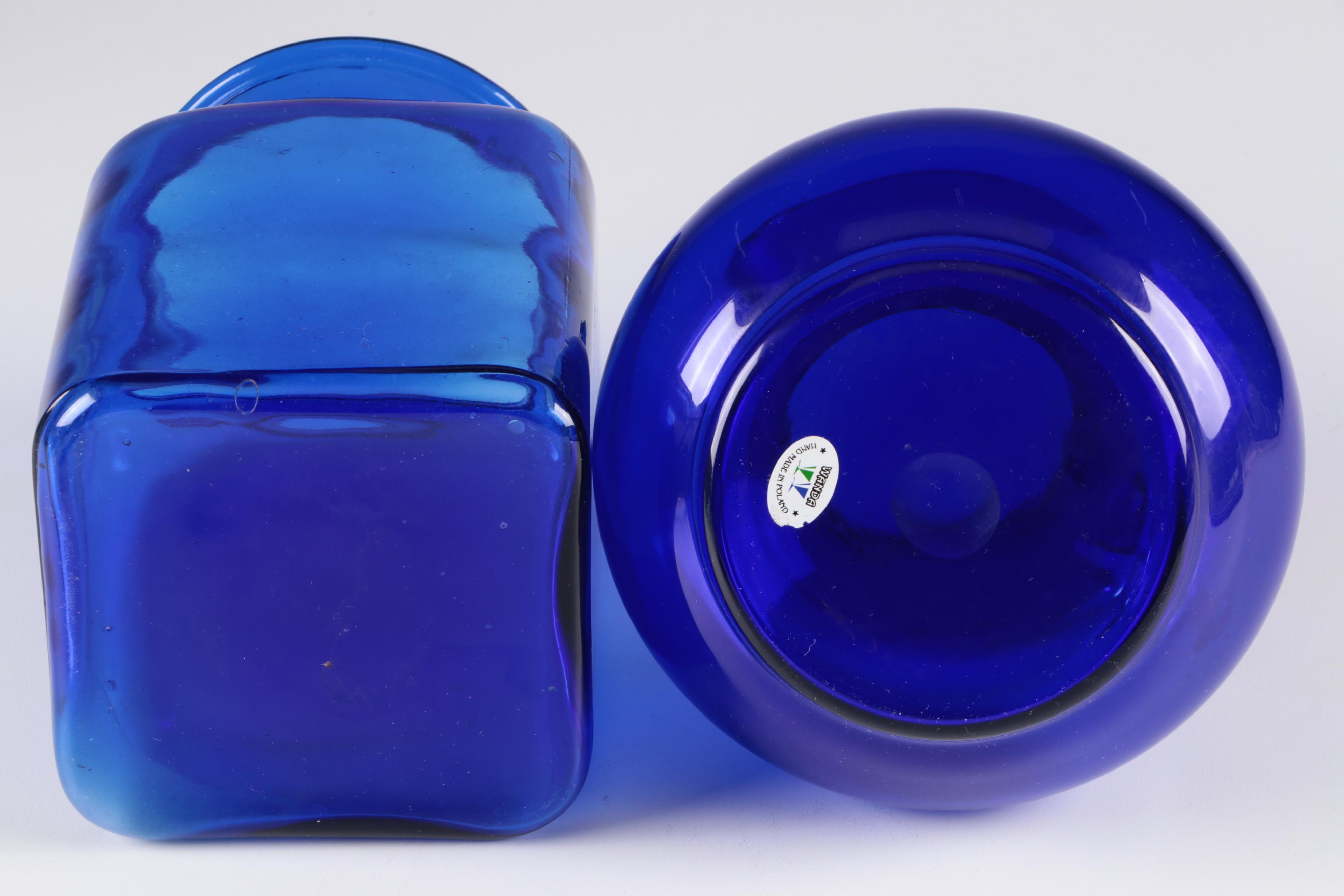 Cobalt and Turquoise Glass Jars, Vases, and Pitcher