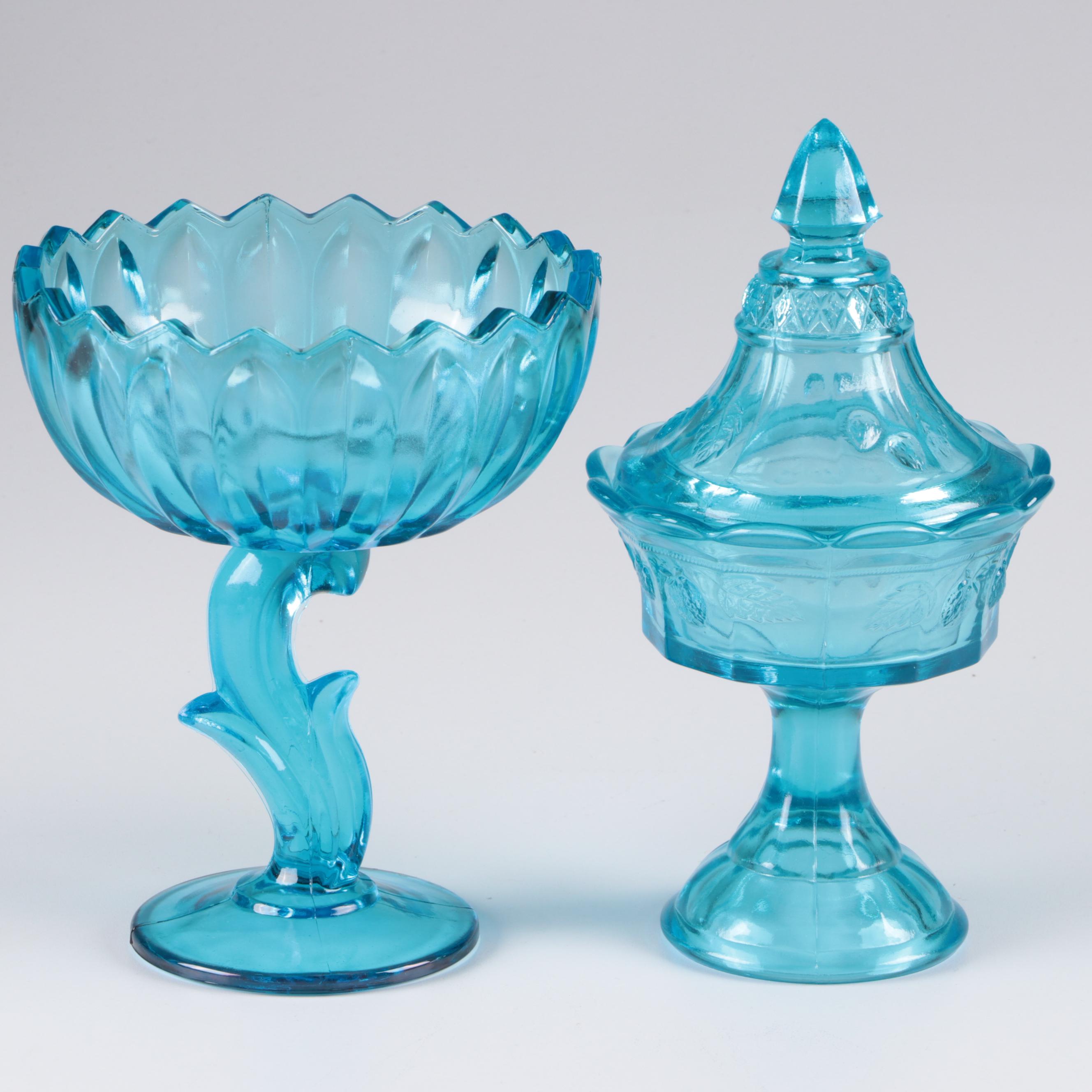 Cobalt and Turquoise Glass Jars, Vases, and Pitcher