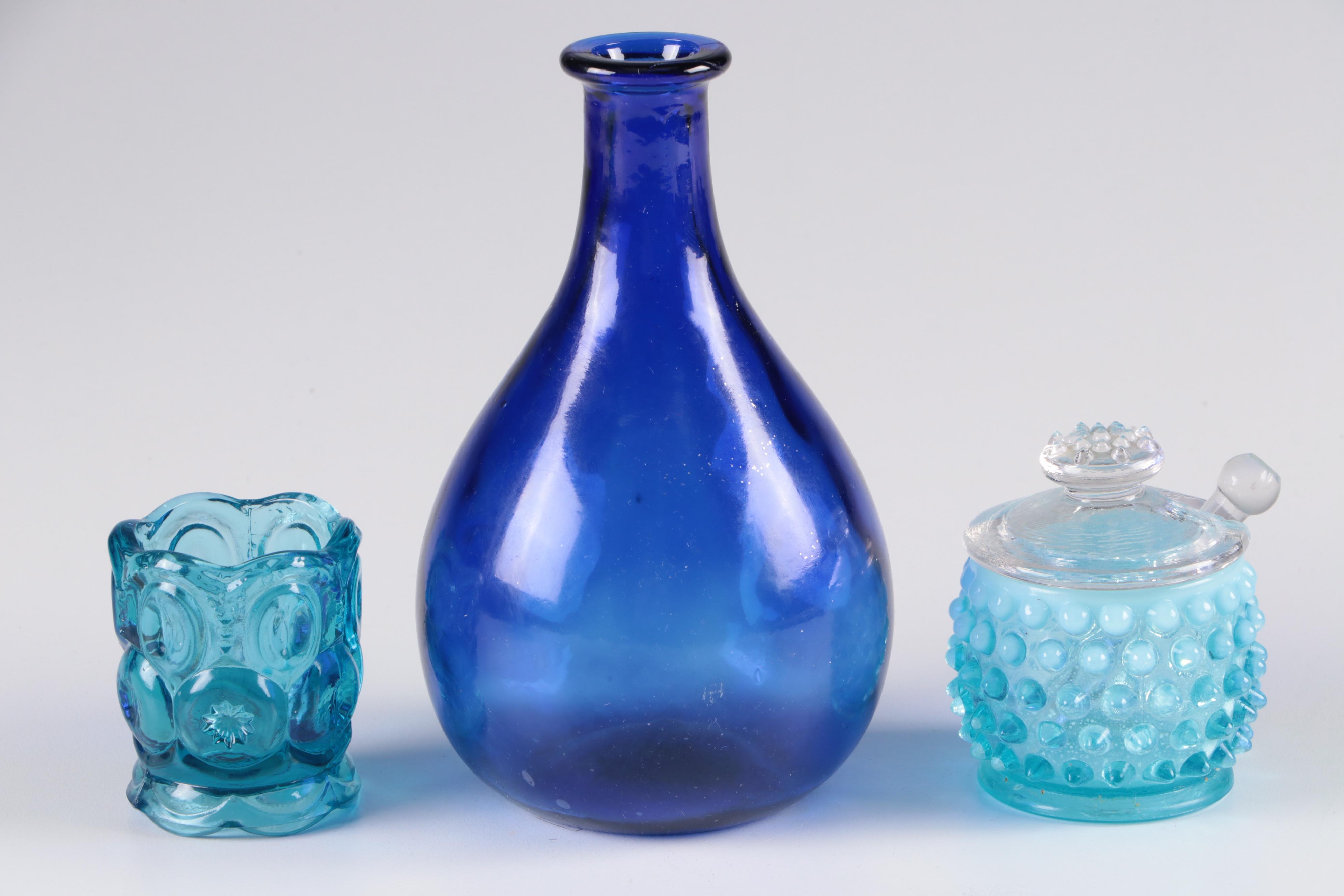 Cobalt and Turquoise Glass Jars, Vases, and Pitcher