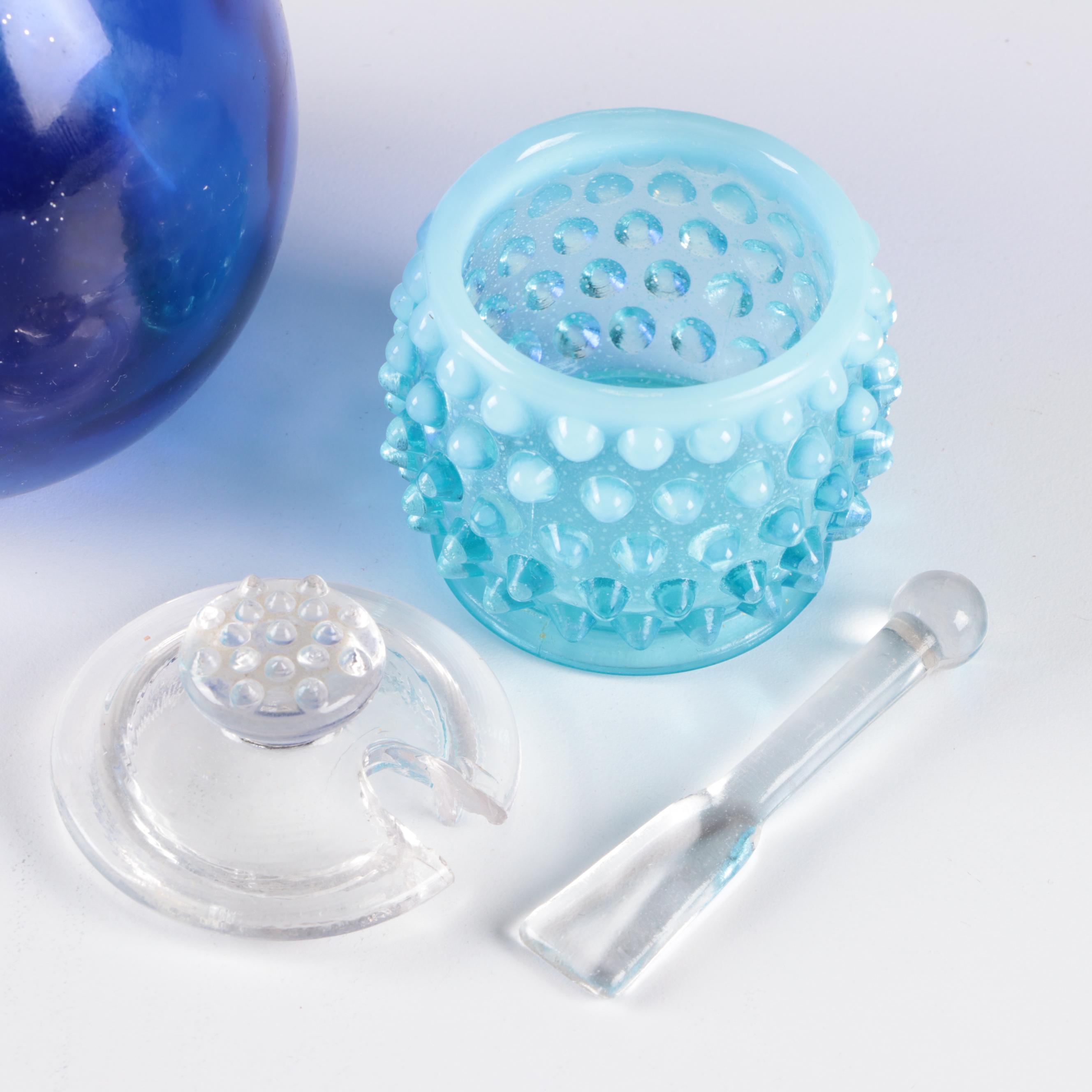 Cobalt and Turquoise Glass Jars, Vases, and Pitcher