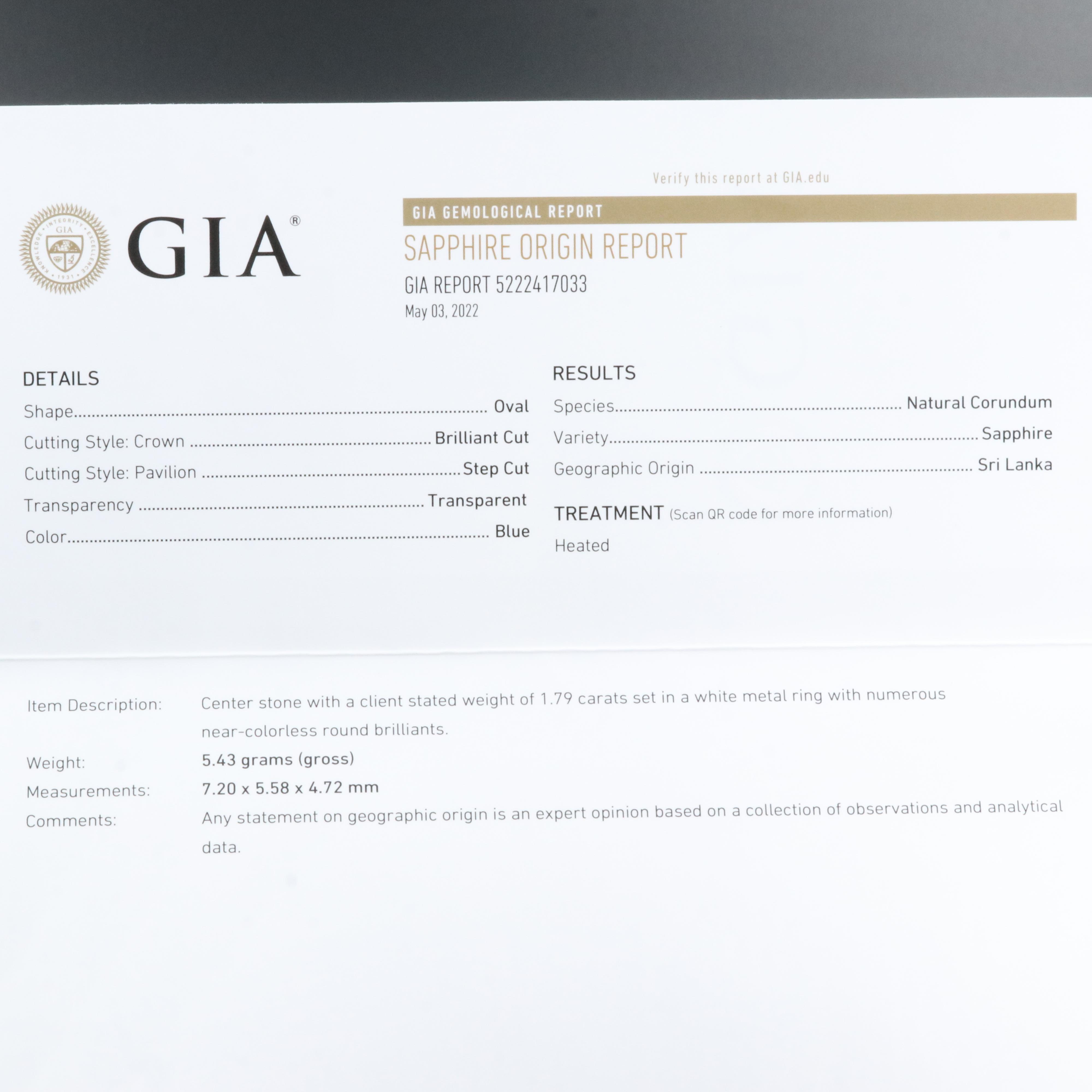 Platinum 1.79 CT Ceylon Sapphire and Diamond Ring with GIA Report