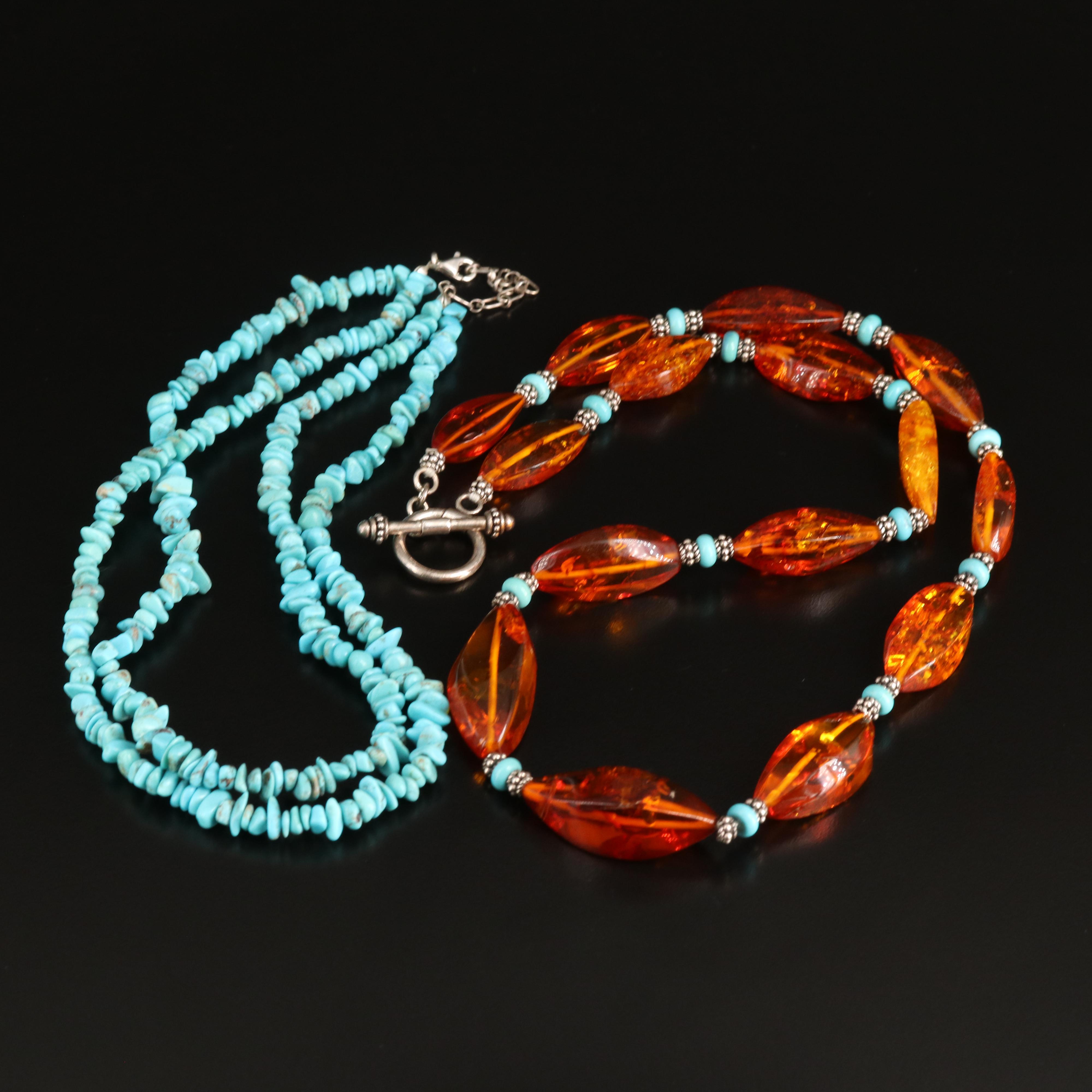 Sterling Turquoise and Amber Necklaces with Insect Inclusions