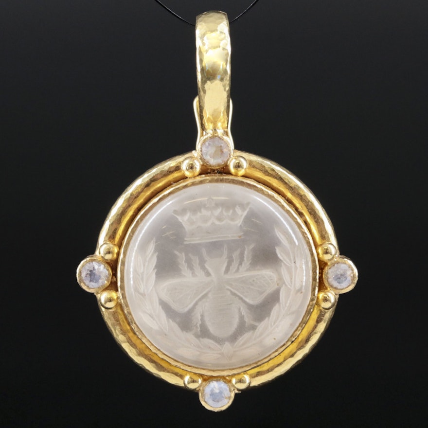 Elizabeth Locke "Queen Bee" 19K Rock Crystal Intaglio and Moonstone Pendant