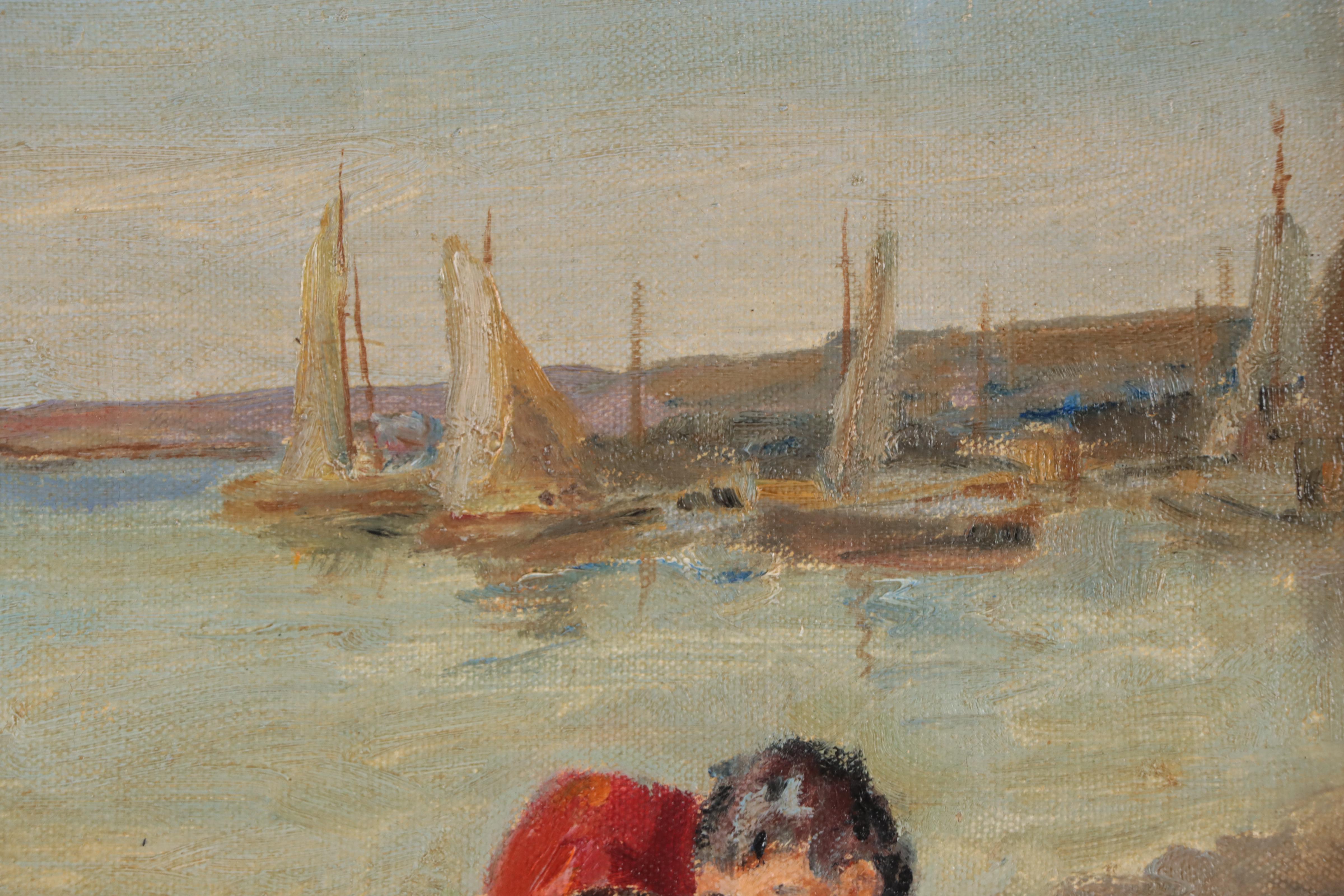 Oil Painting of Beach Scene With Sailboats