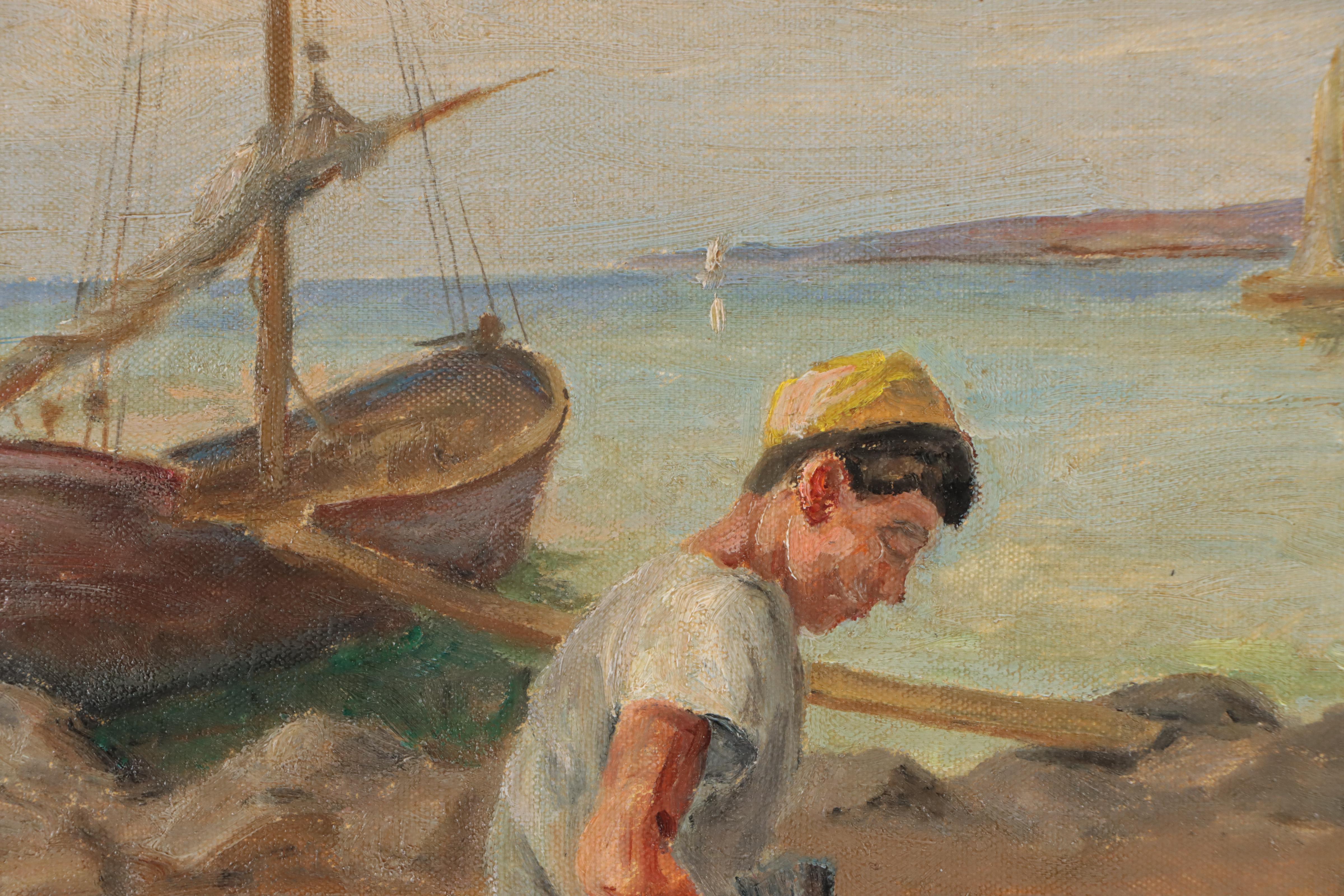 Oil Painting of Beach Scene With Sailboats