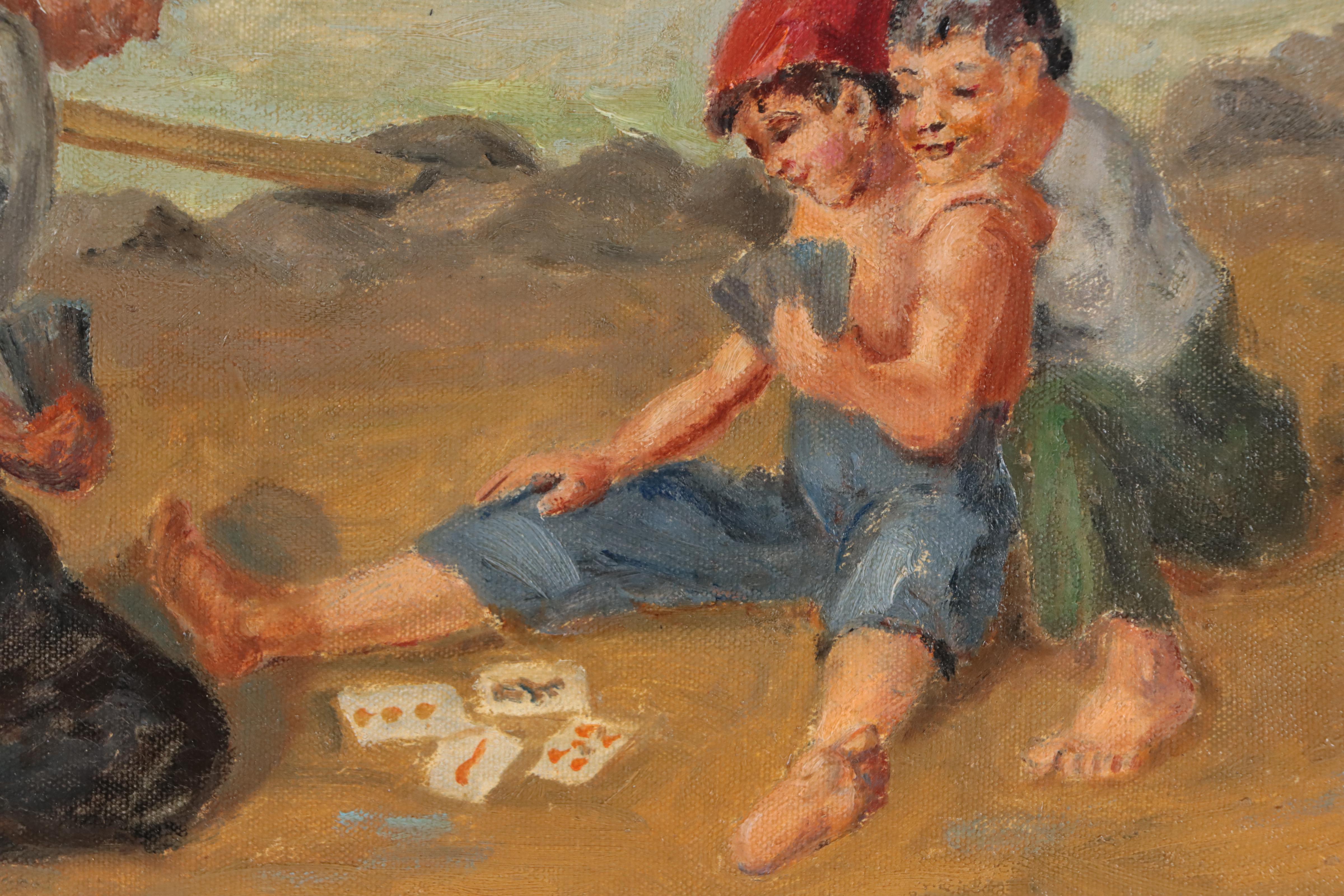 Oil Painting of Beach Scene With Sailboats