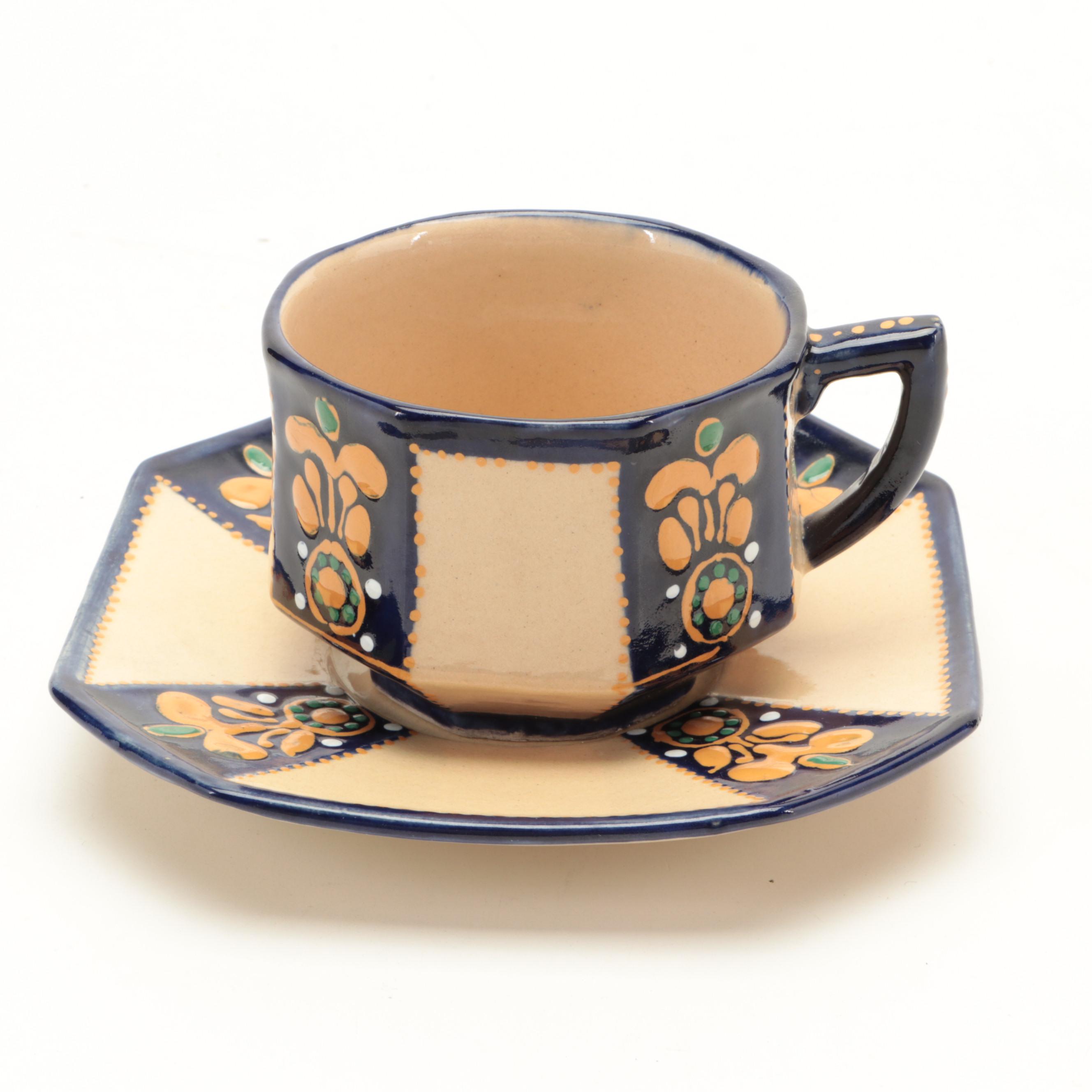 Henriot Quimper Hand-Painted Moriage Faïence Cups and Saucers