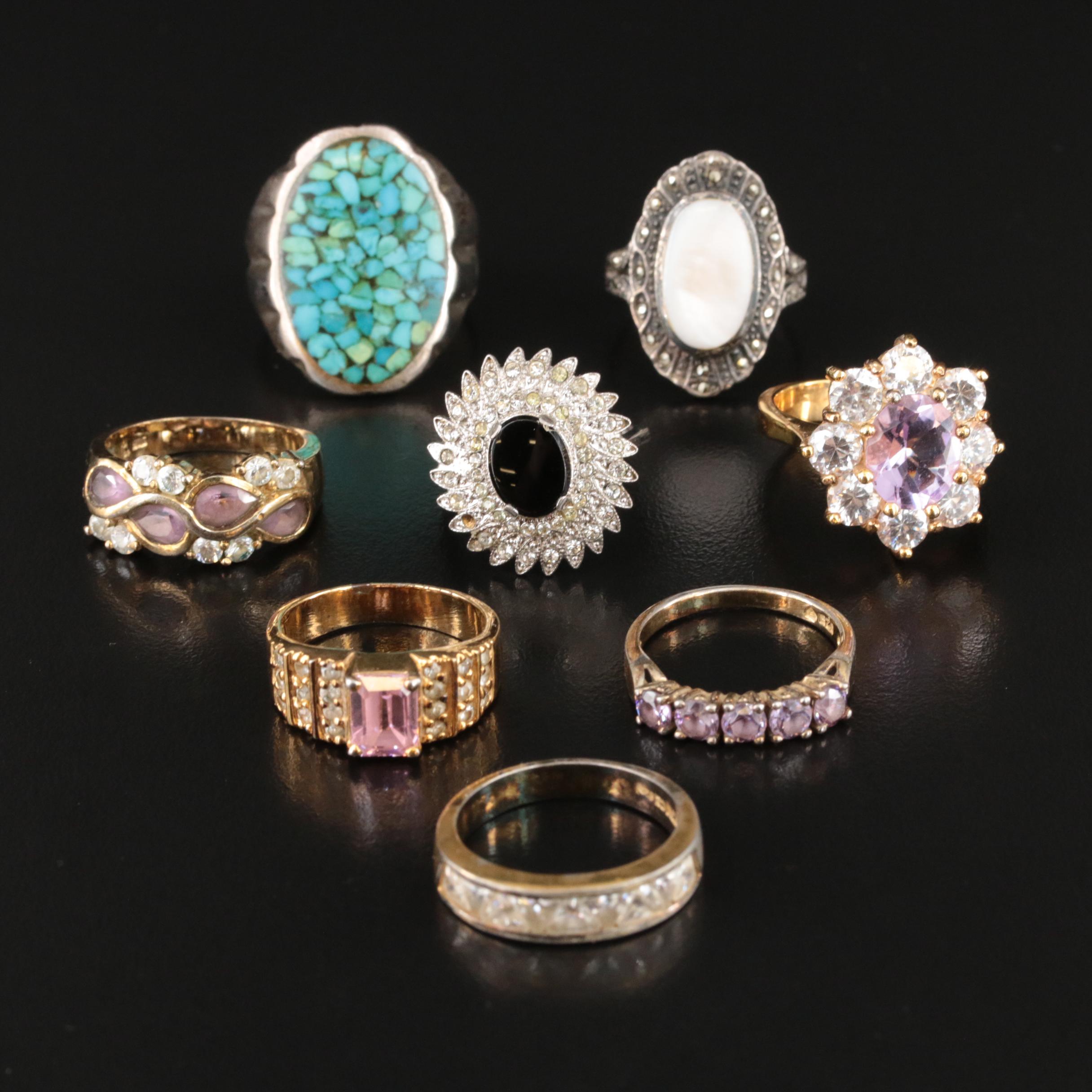 Sterling Ring Grouping Including Mother-of- Pearl and Rhinestone