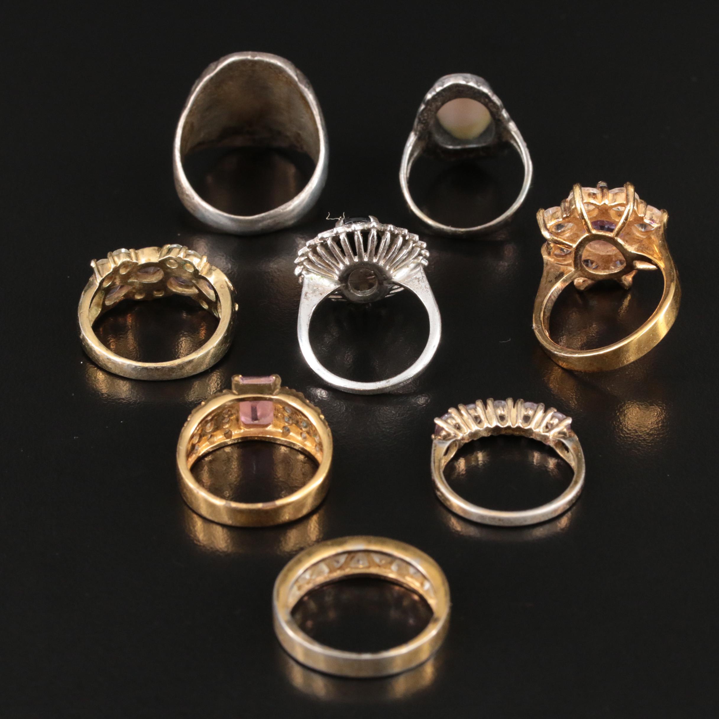 Sterling Ring Grouping Including Mother-of- Pearl and Rhinestone