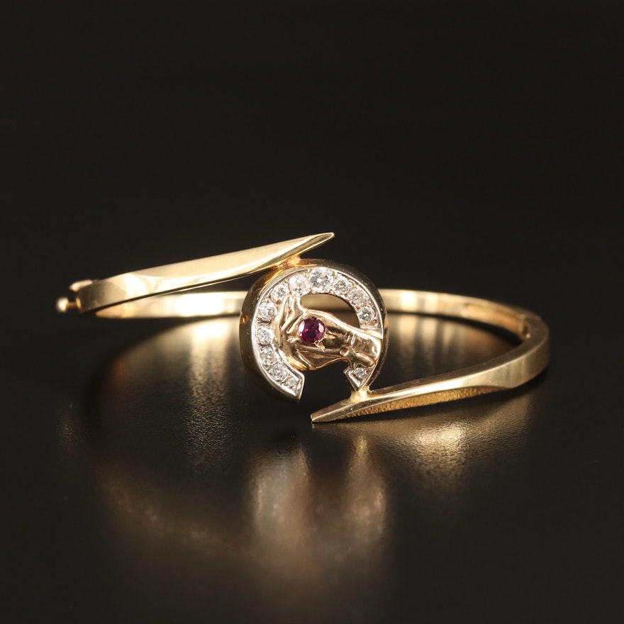 14K Ruby and Diamond Horse and Horse Shoe Bypass Hinged Bangle