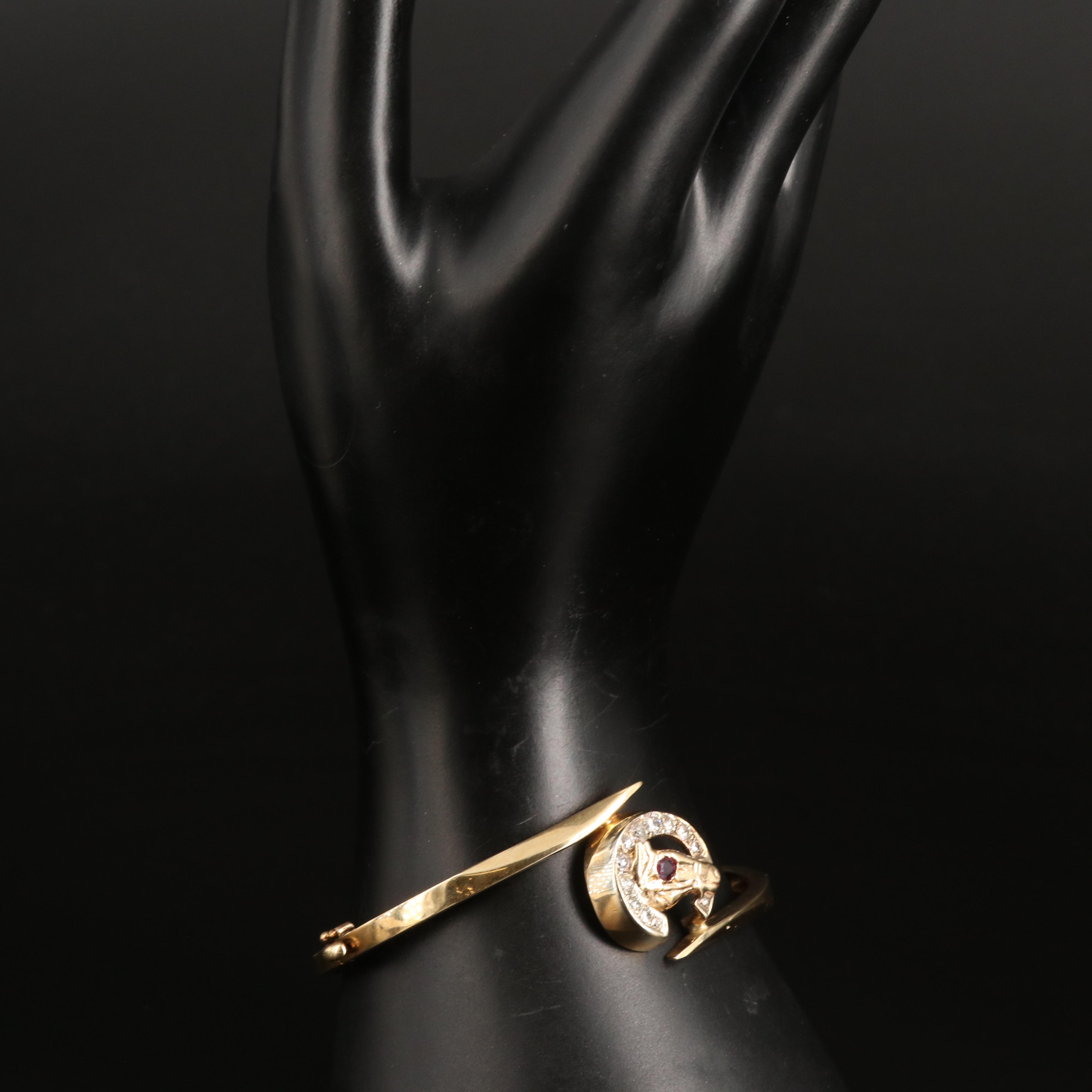 14K Ruby and Diamond Horse and Horse Shoe Bypass Hinged Bangle