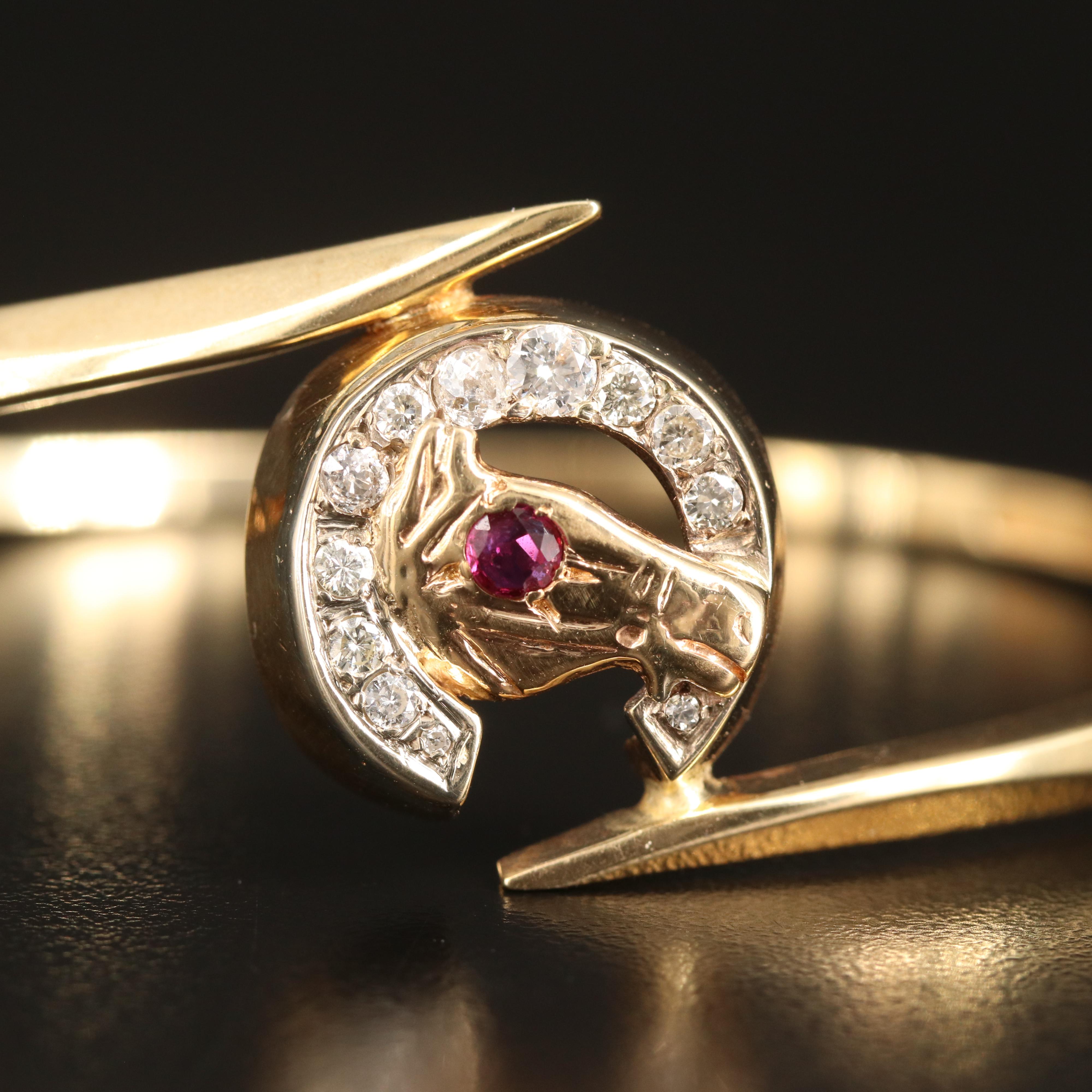 14K Ruby and Diamond Horse and Horse Shoe Bypass Hinged Bangle