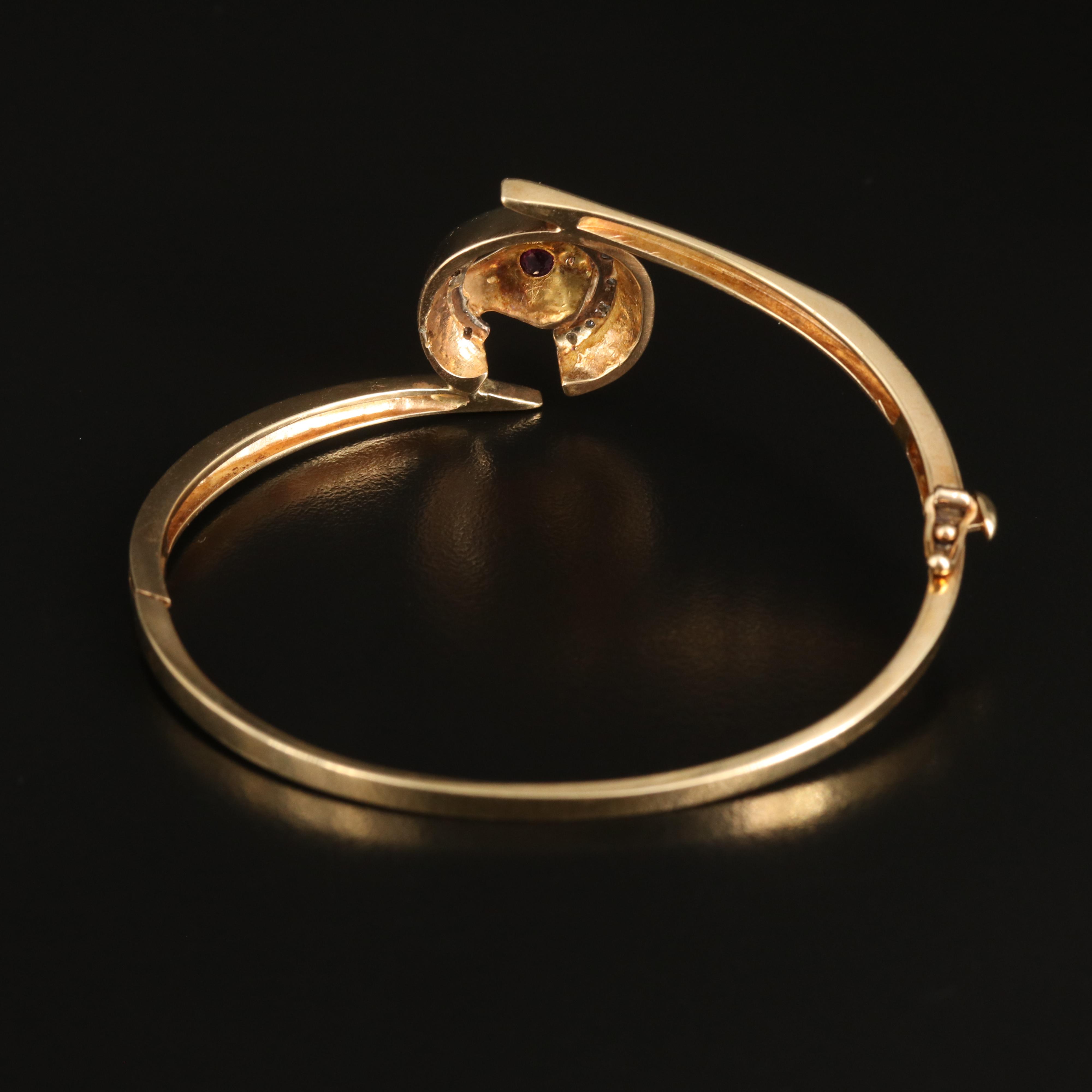 14K Ruby and Diamond Horse and Horse Shoe Bypass Hinged Bangle