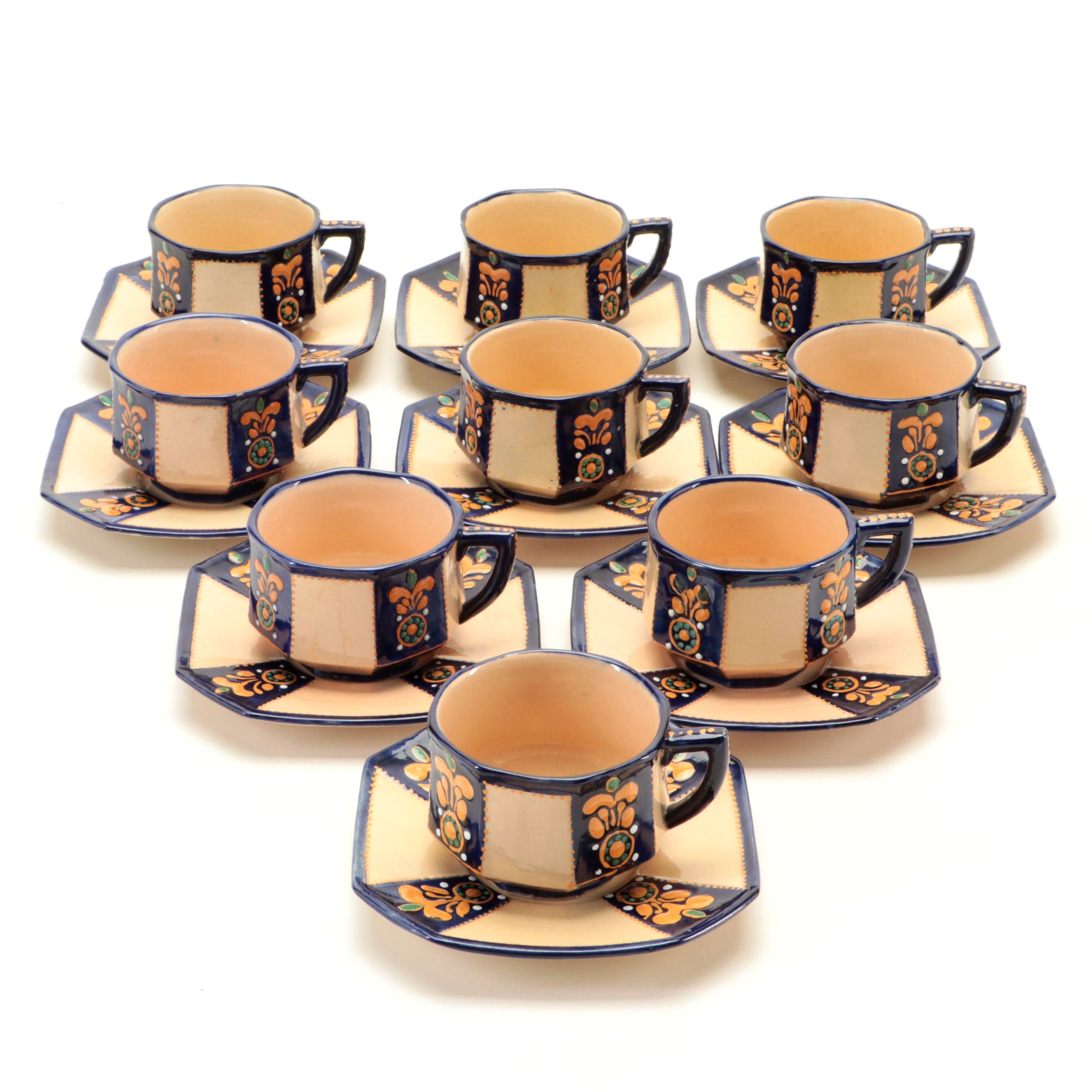 Henriot Quimper Hand-Painted Moriage Faïence Cups and Saucers