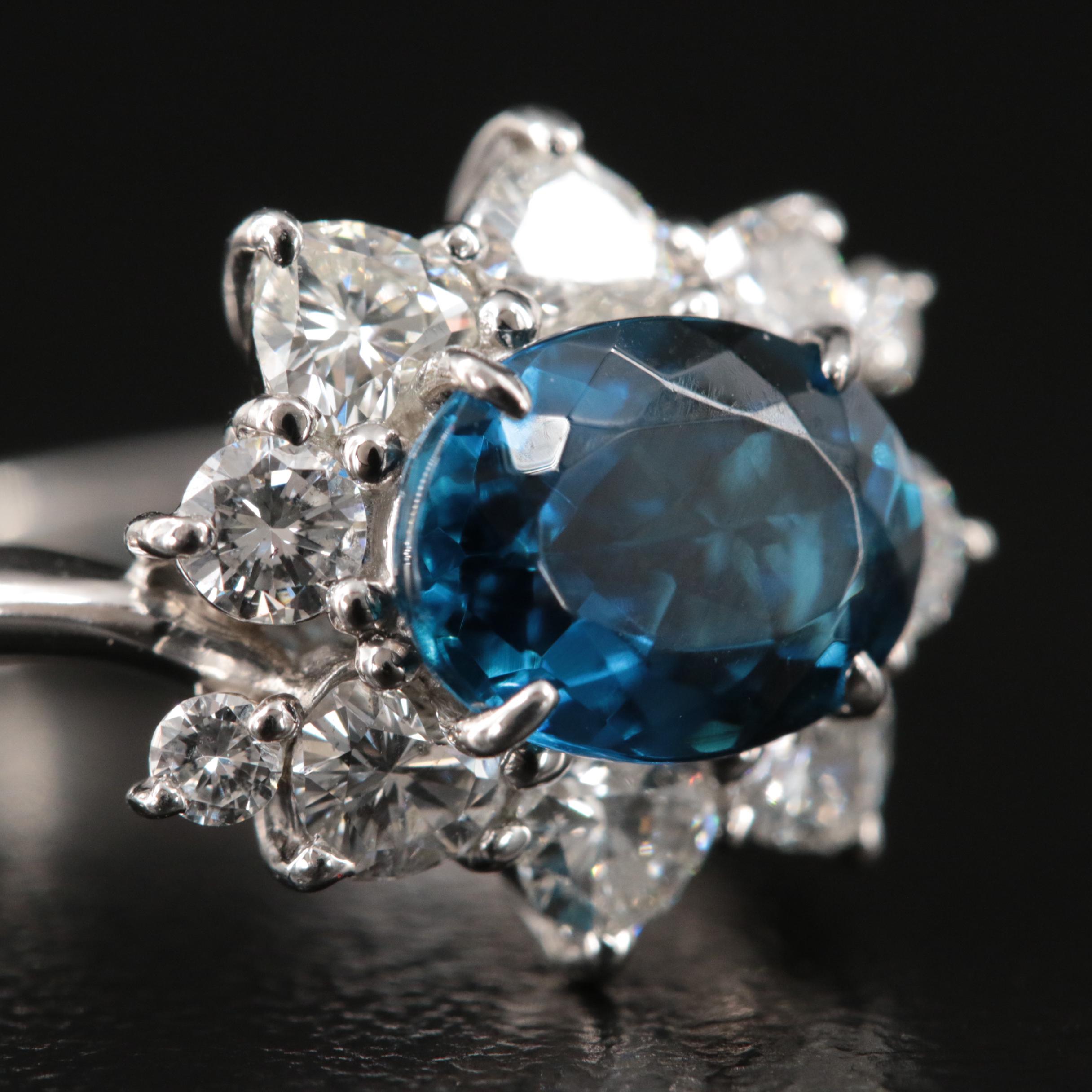 Platinum Indicolite Tourmaline and Diamond Ring with GIA Report