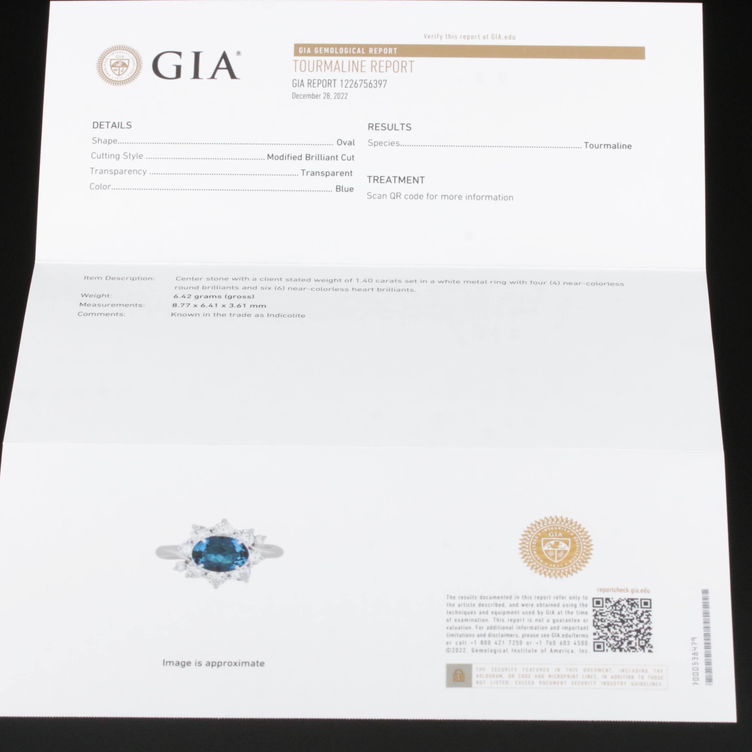 Platinum Indicolite Tourmaline and Diamond Ring with GIA Report