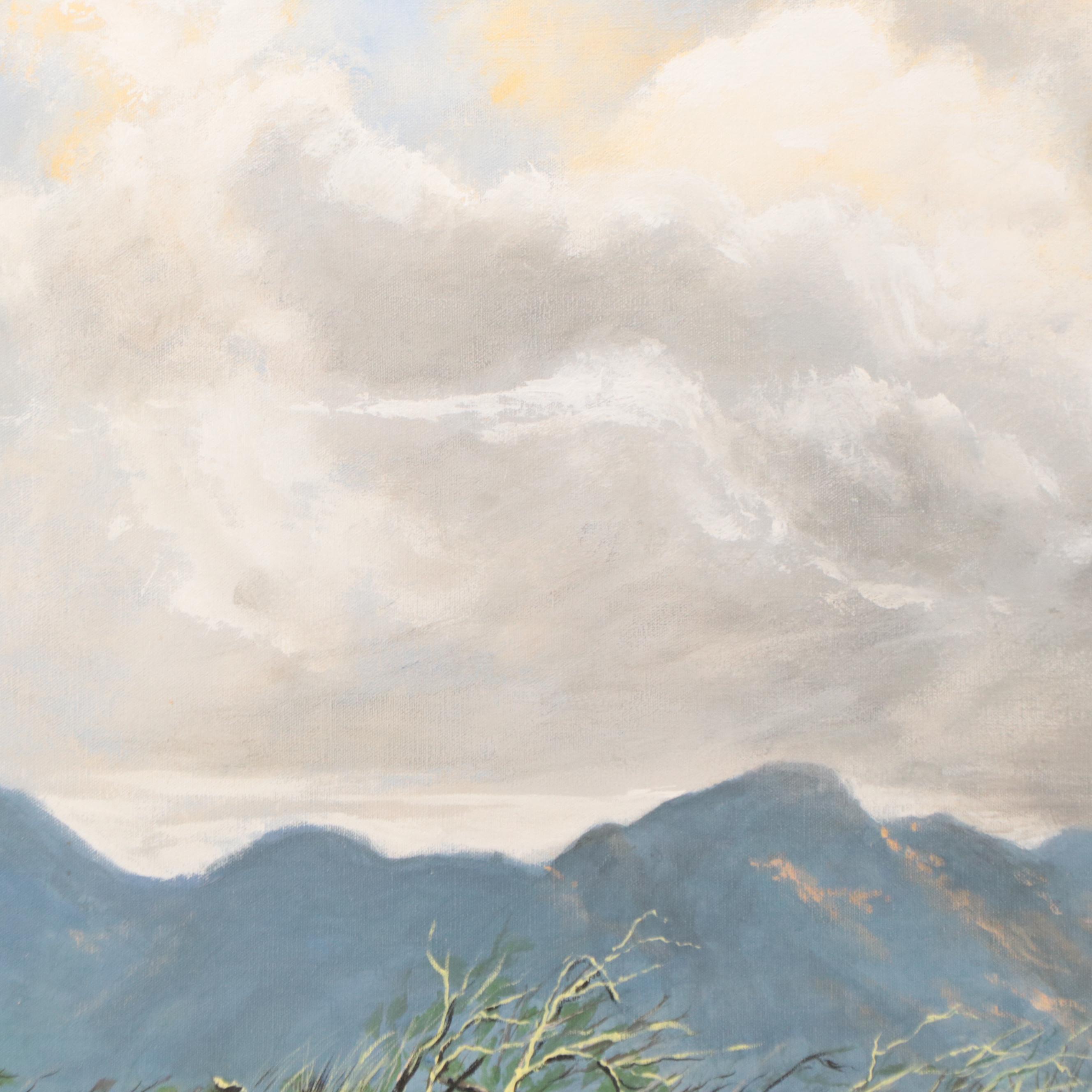 Robert Schoellkopf Mountain Landscape Oil Painting With Hot Air Balloon