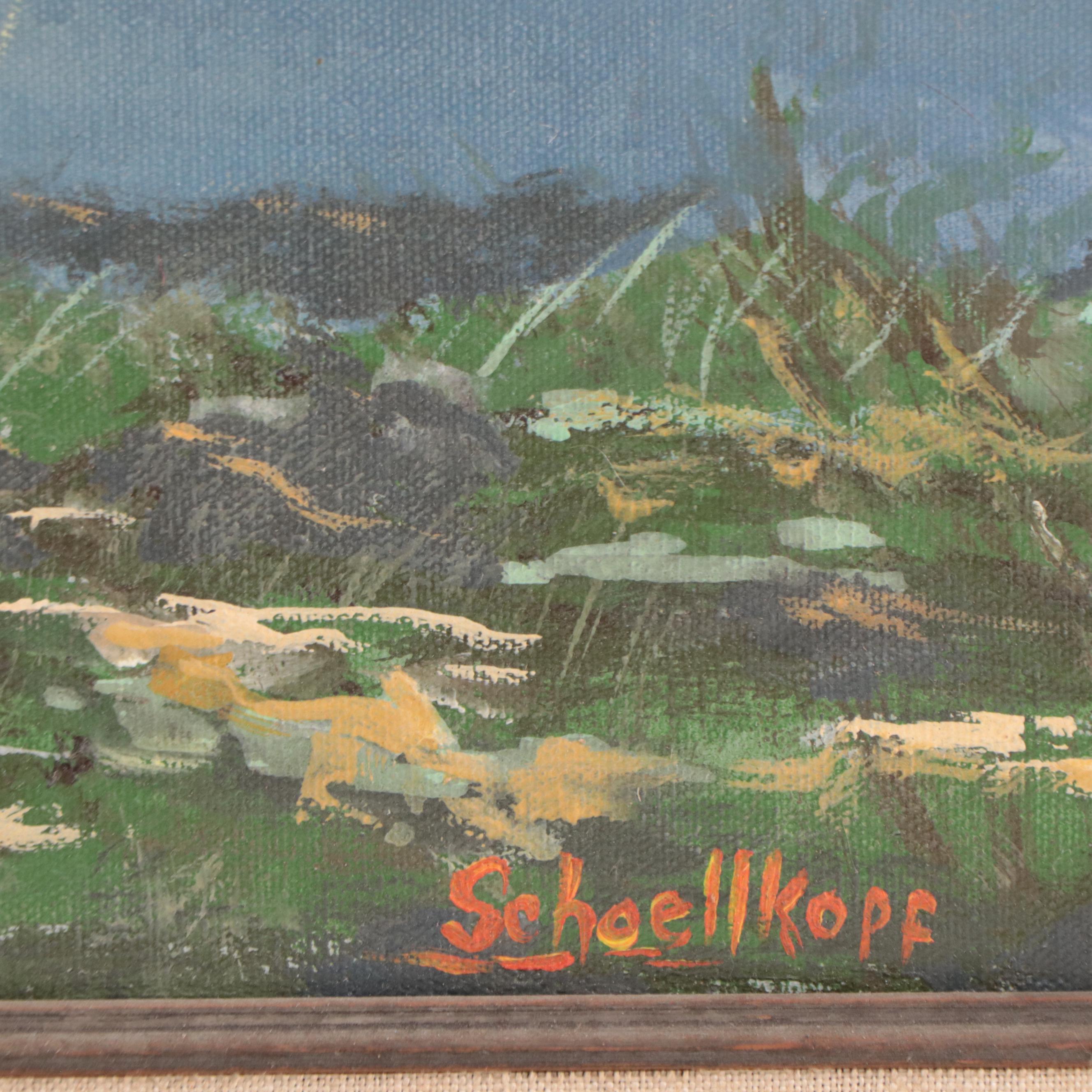 Robert Schoellkopf Mountain Landscape Oil Painting With Hot Air Balloon