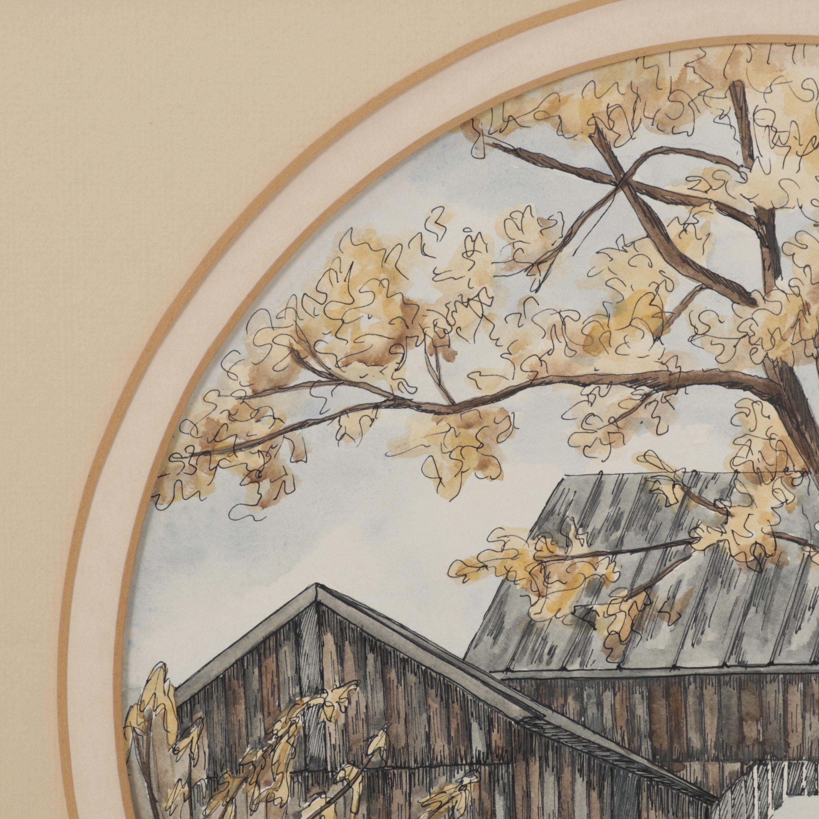 Ellen Jones Watercolor Painting of Autumn Barn Scene, Circa 1975