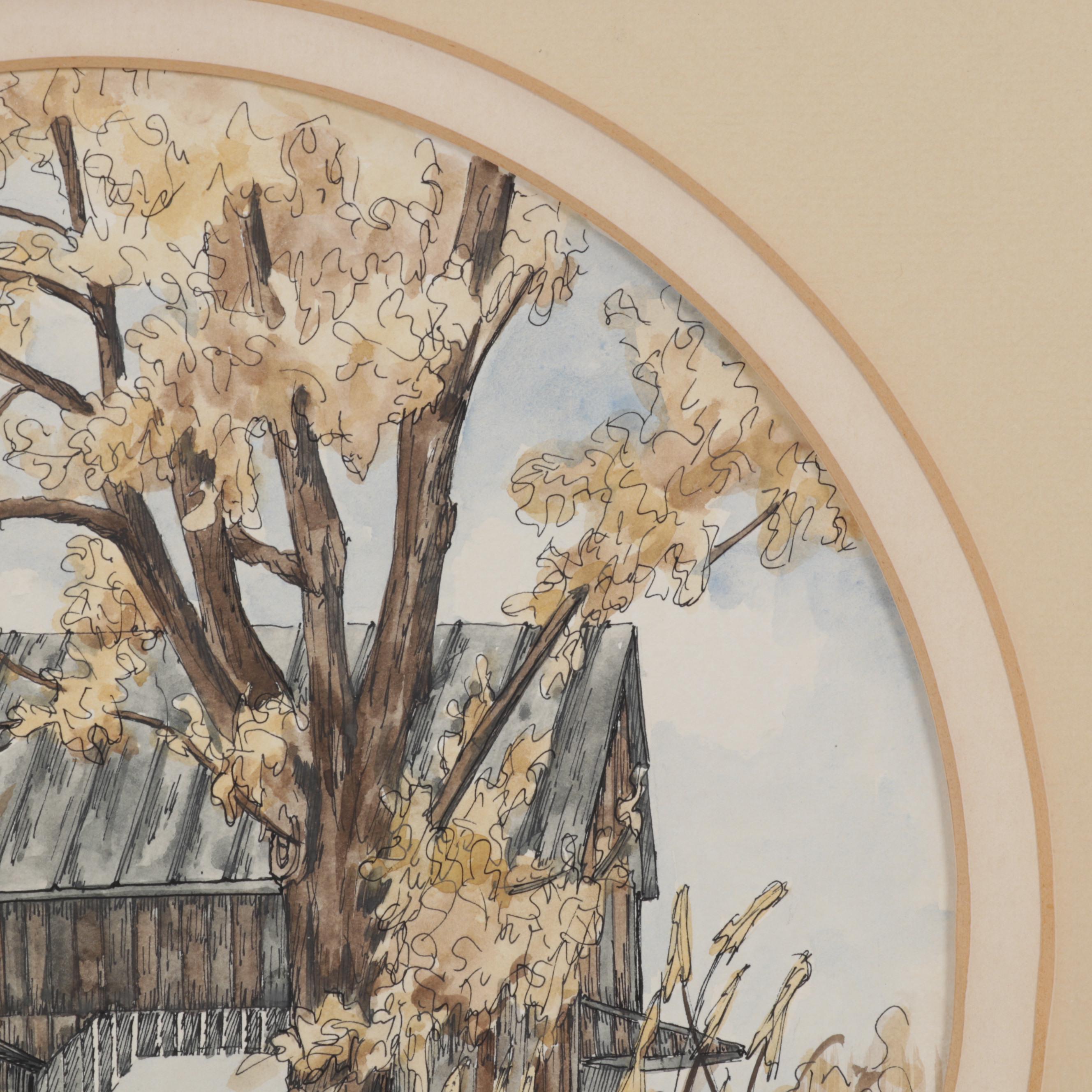 Ellen Jones Watercolor Painting of Autumn Barn Scene, Circa 1975