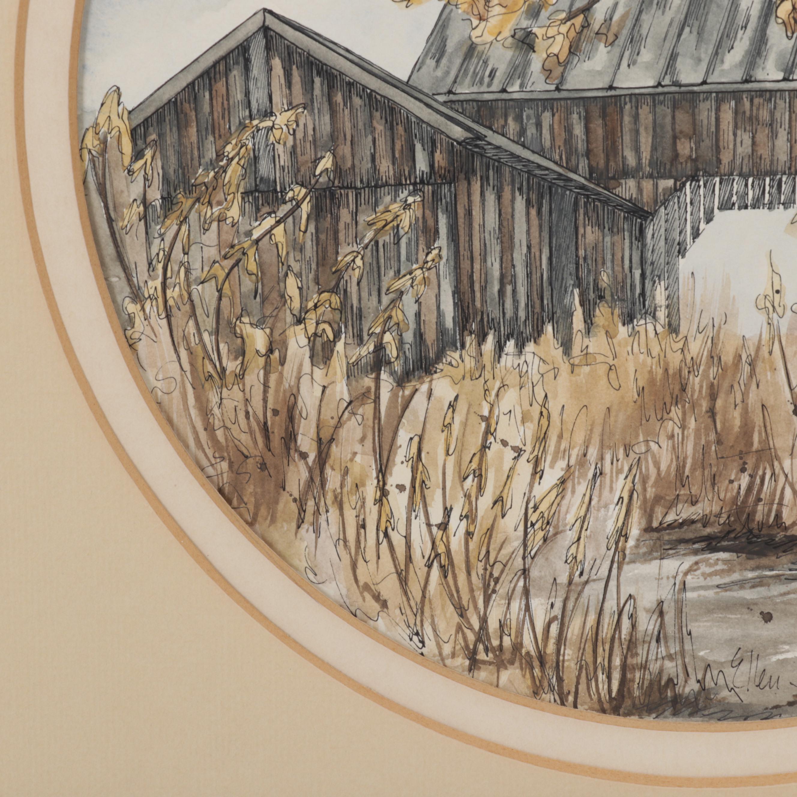 Ellen Jones Watercolor Painting of Autumn Barn Scene, Circa 1975