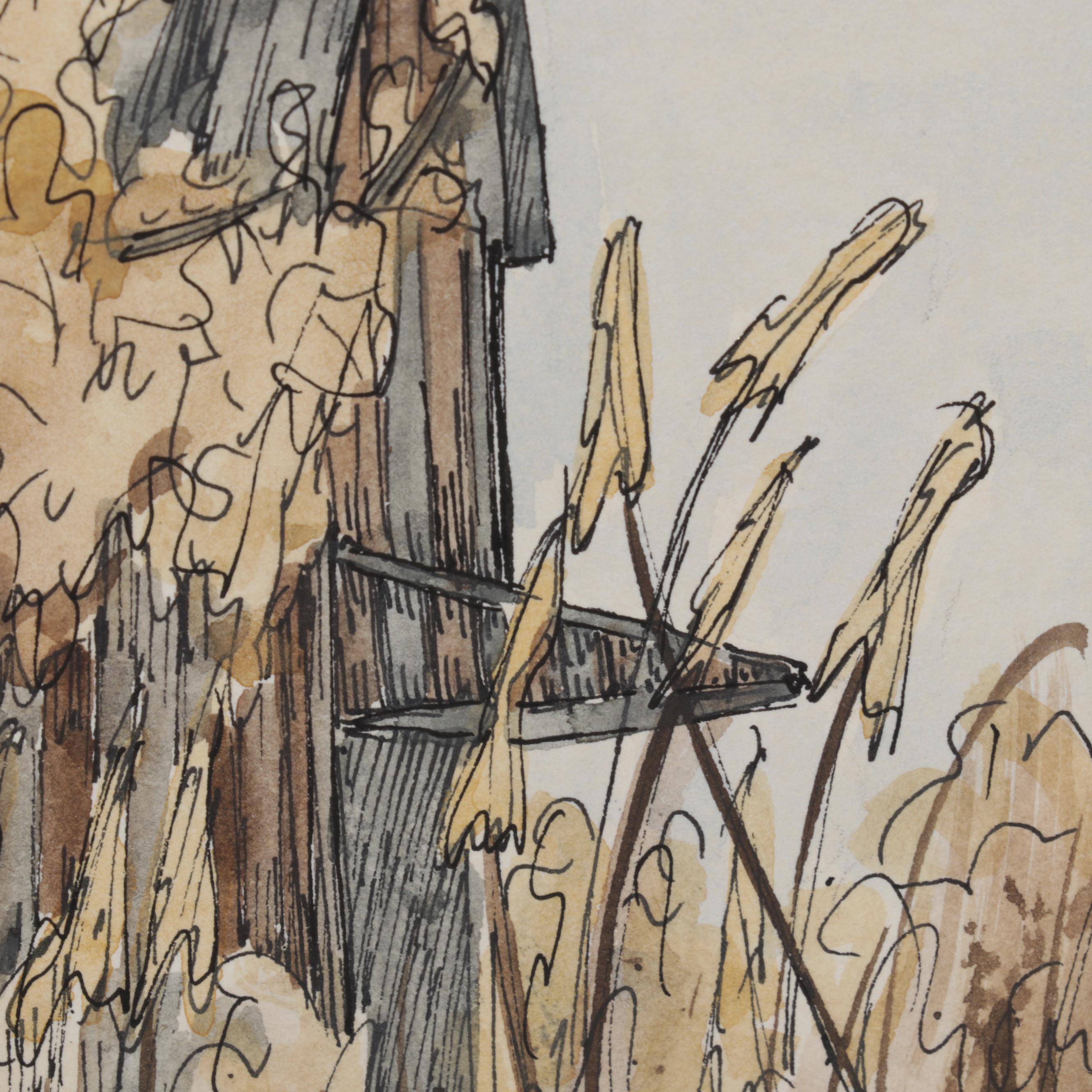 Ellen Jones Watercolor Painting of Autumn Barn Scene, Circa 1975