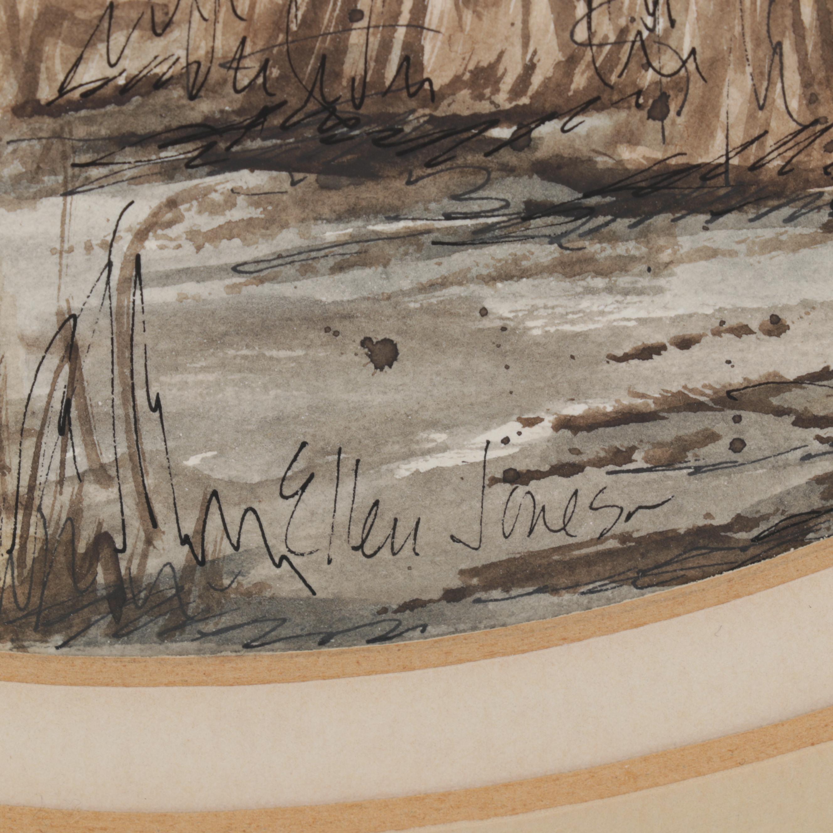 Ellen Jones Watercolor Painting of Autumn Barn Scene, Circa 1975