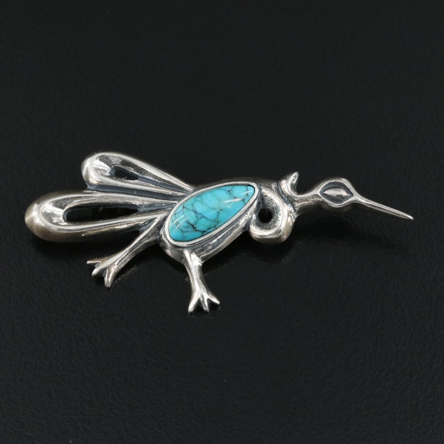 Western Relios Sterling Faux Turquoise Road Runner Brooch