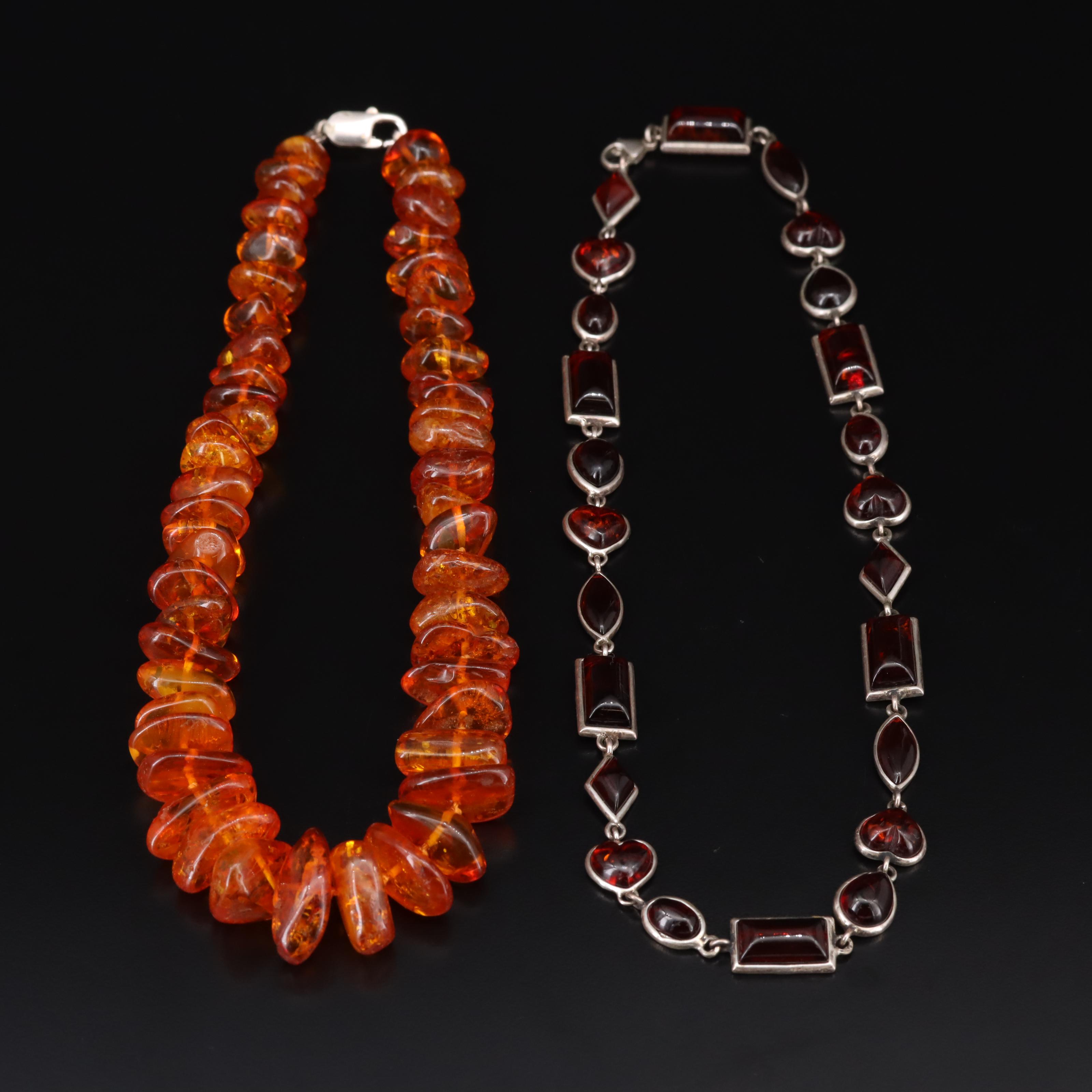 Sterling Amber Bead and Geometric Set Necklaces