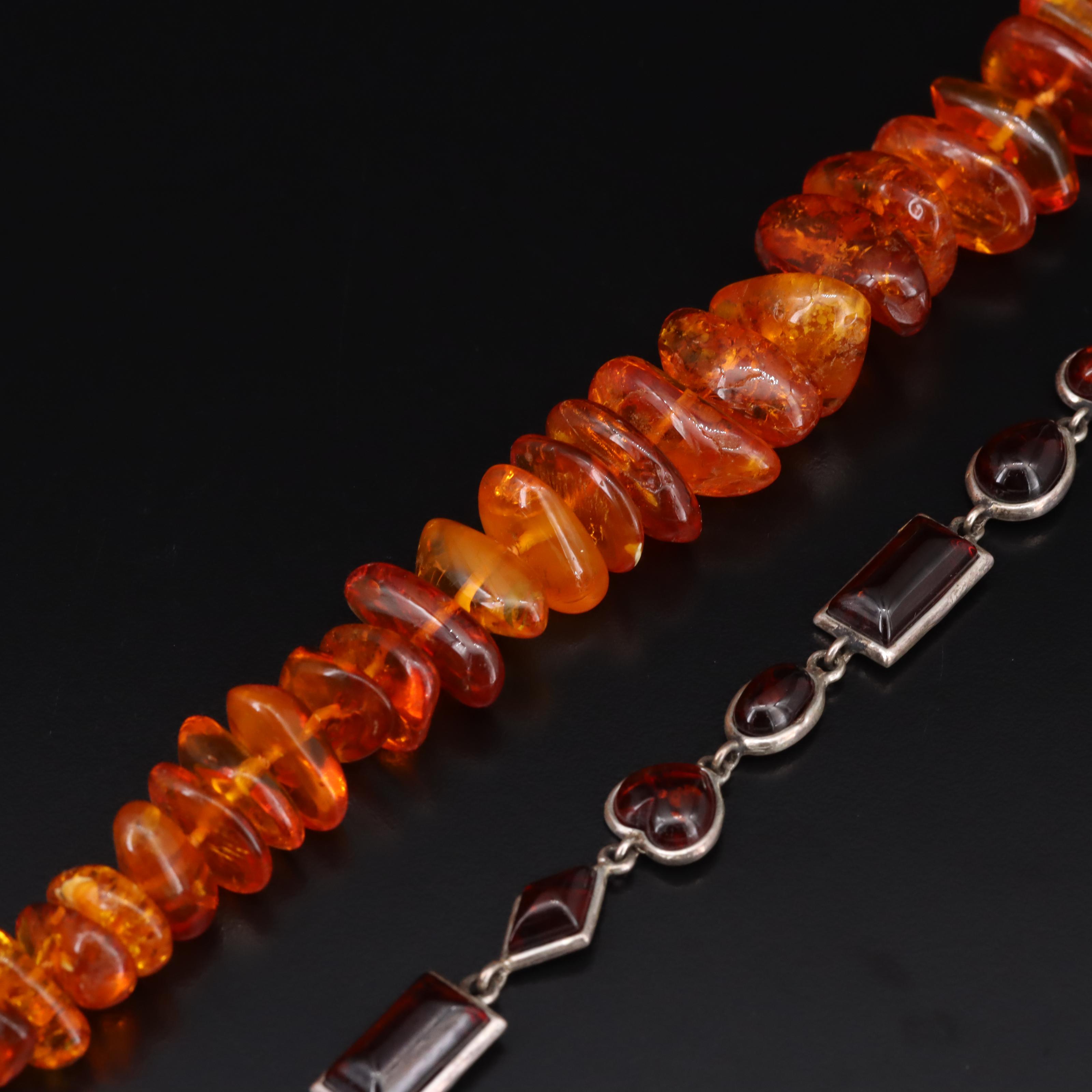 Sterling Amber Bead and Geometric Set Necklaces