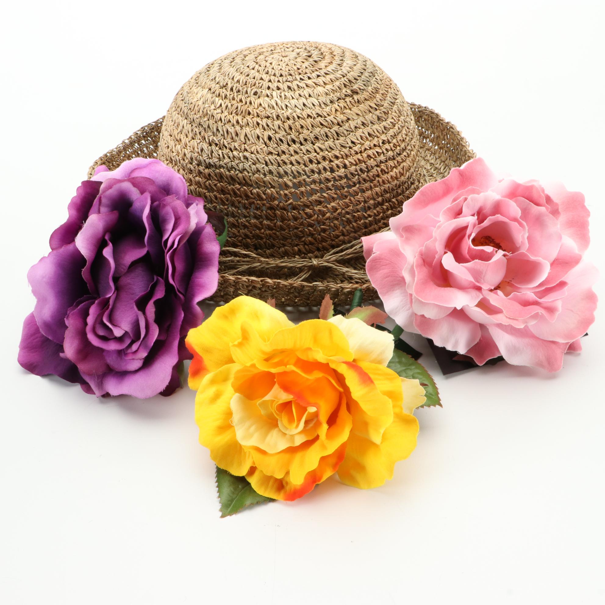 Woven Kettle Brim Sun Hats with Flower Accessories and Hat Box