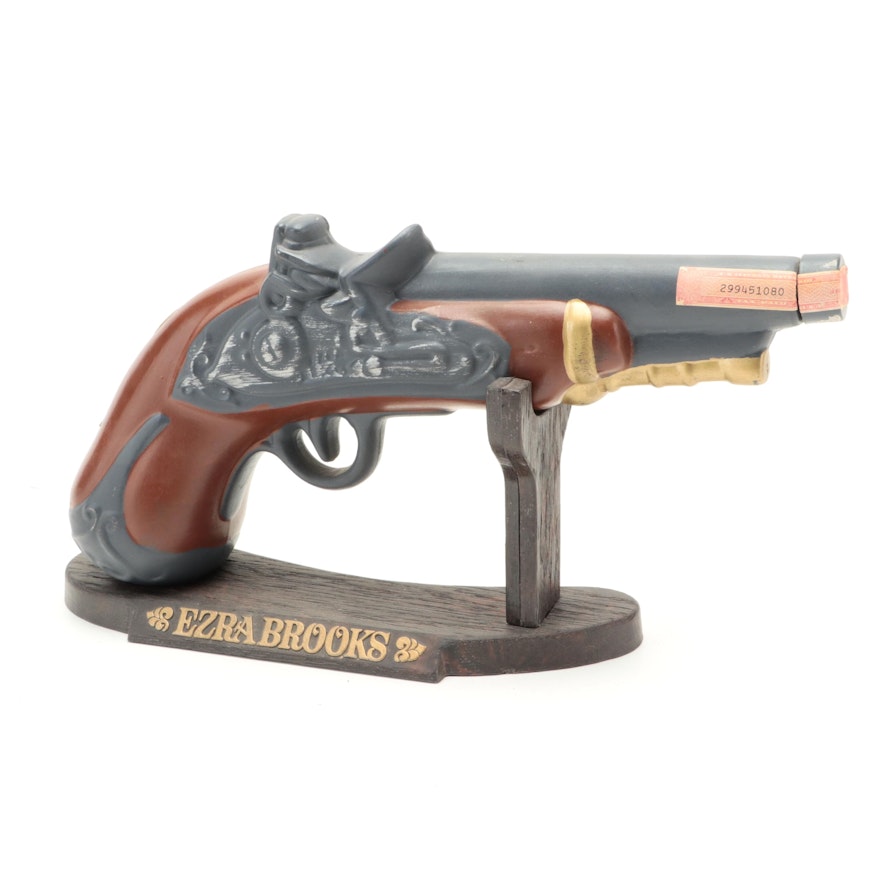 Ezra Brooks Ceramic Flintlock Dueling Pistol Bourbon Decanter with Stand