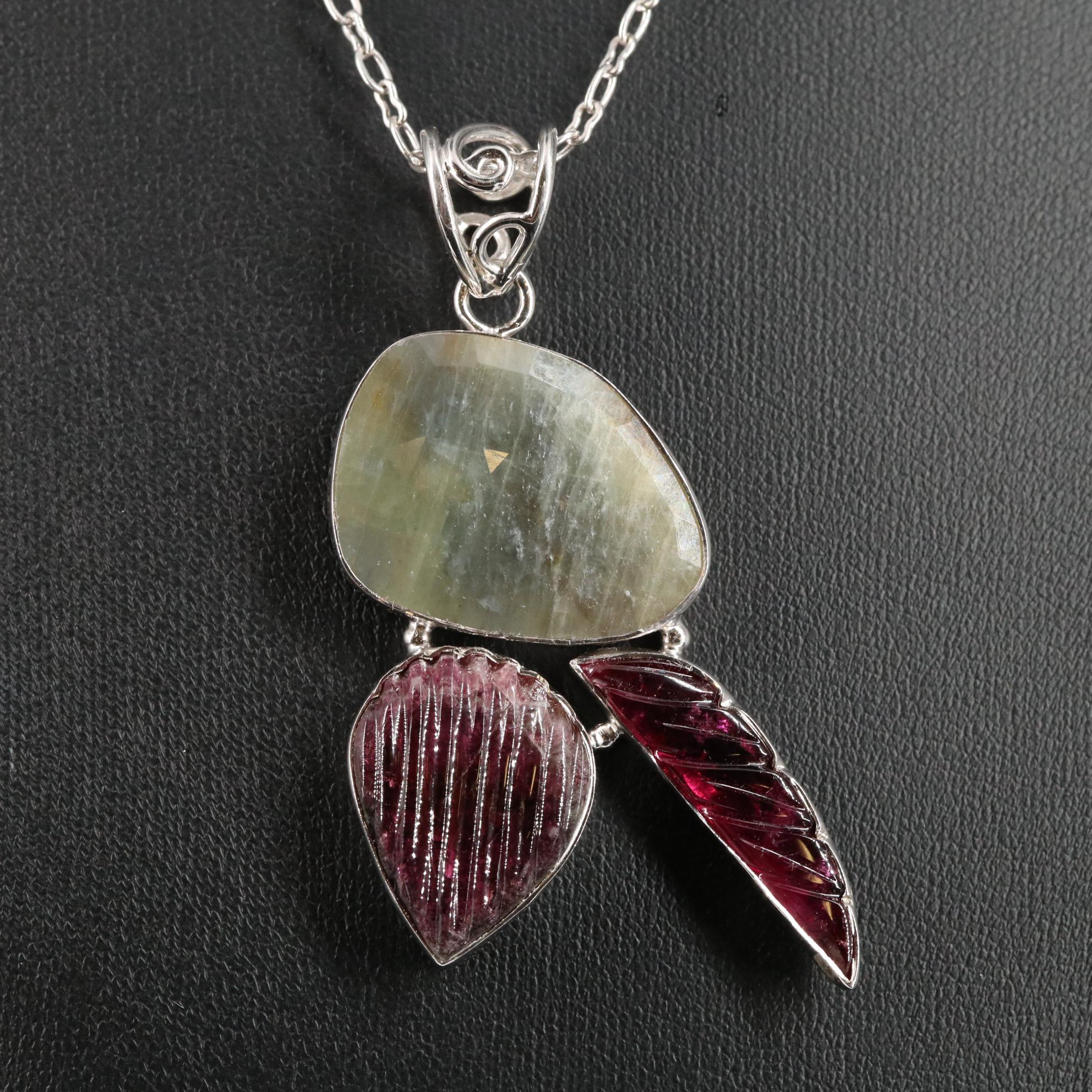 Sterling Tourmaline and Sapphire Drop Pendant Necklace