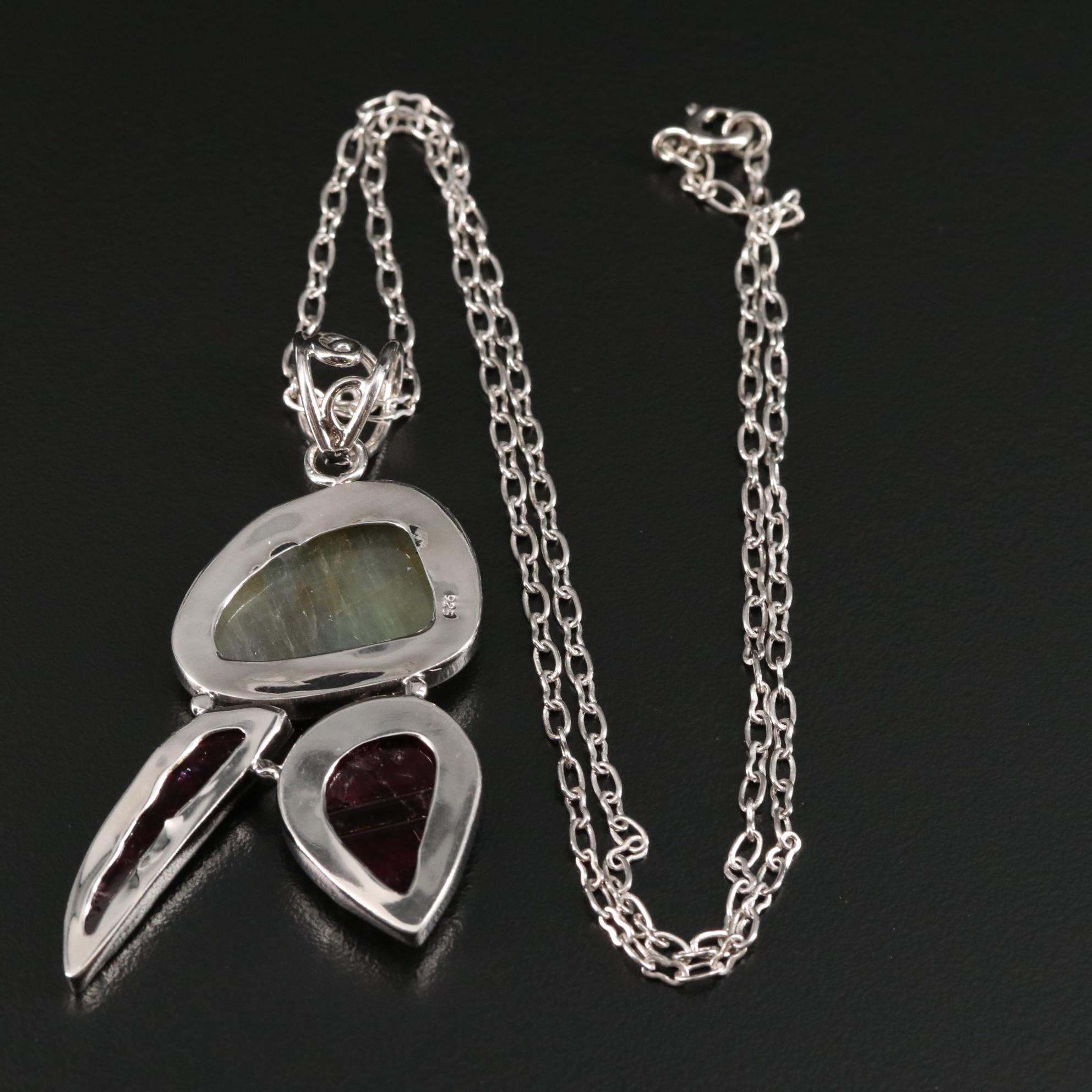 Sterling Tourmaline and Sapphire Drop Pendant Necklace