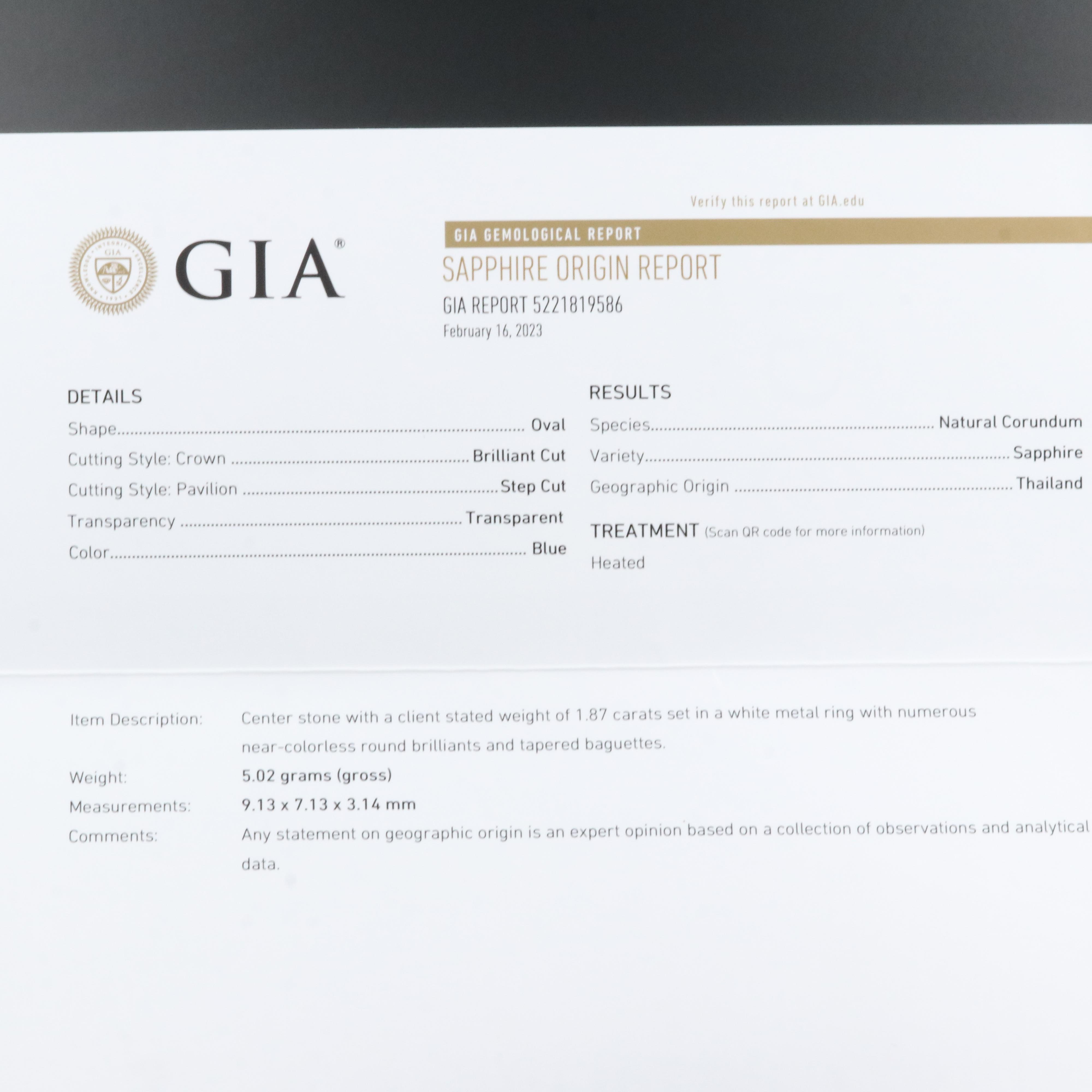 Platinum 1.87 CT Sapphire and Diamond Ring with GIA Report