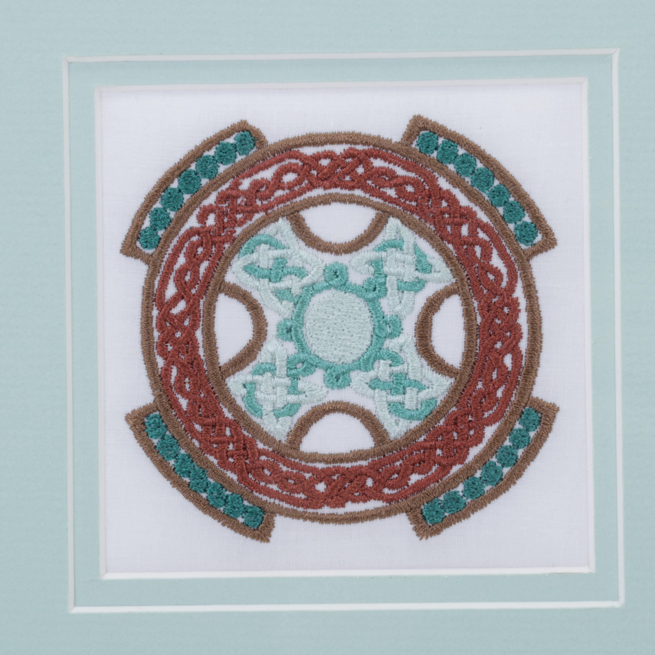 Jane Good Hand-Embroidered "Turquoise Triple Celtic Cross 2-D" Wall Hanging