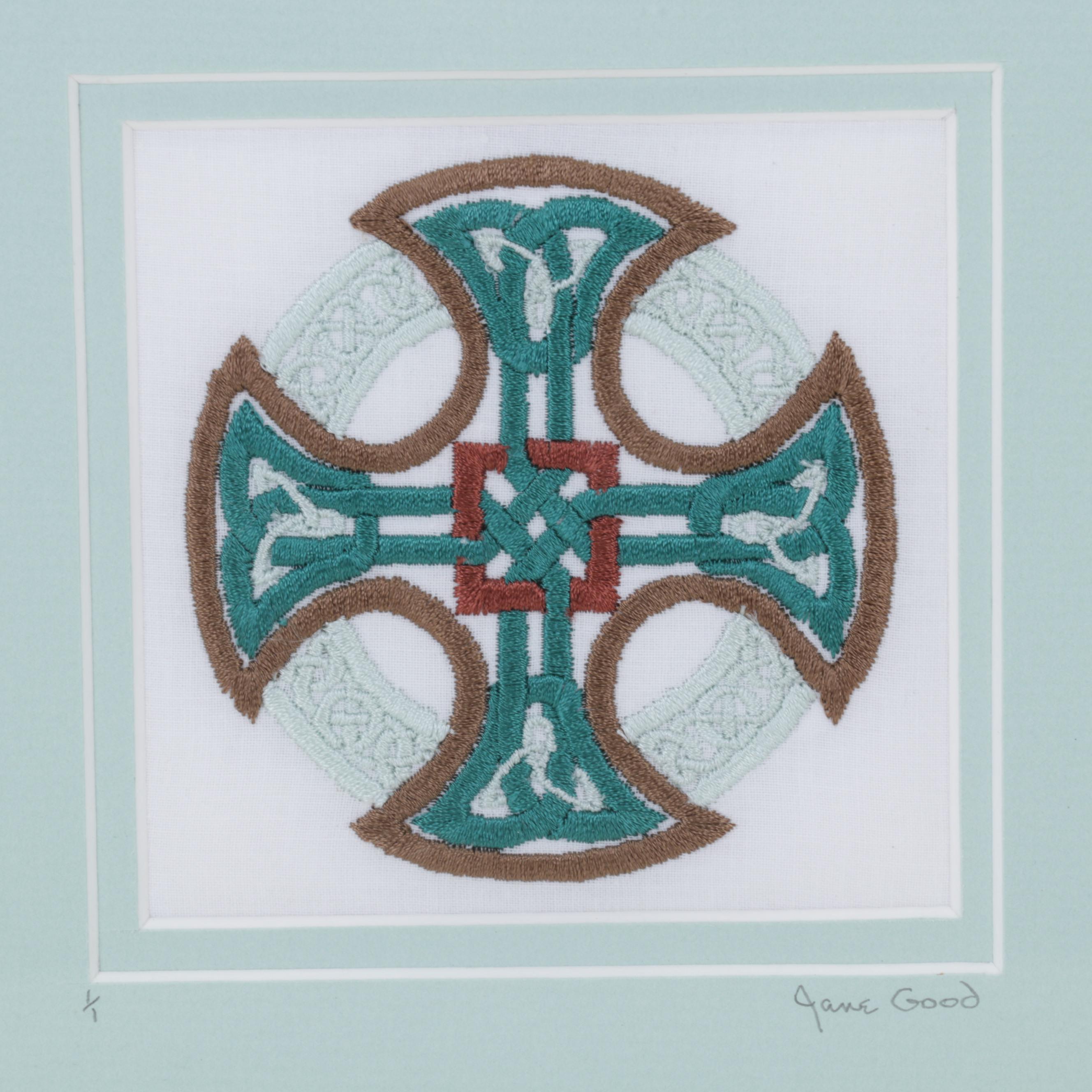 Jane Good Hand-Embroidered "Turquoise Triple Celtic Cross 2-D" Wall Hanging
