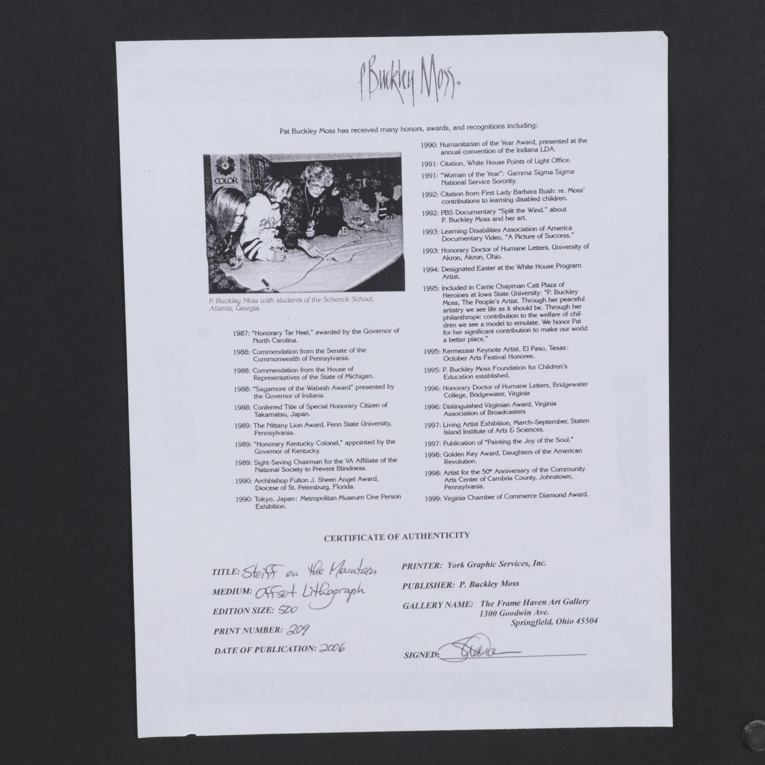 P. Buckley Moss Offset Lithograph "Steiff on the Mountain," 2006