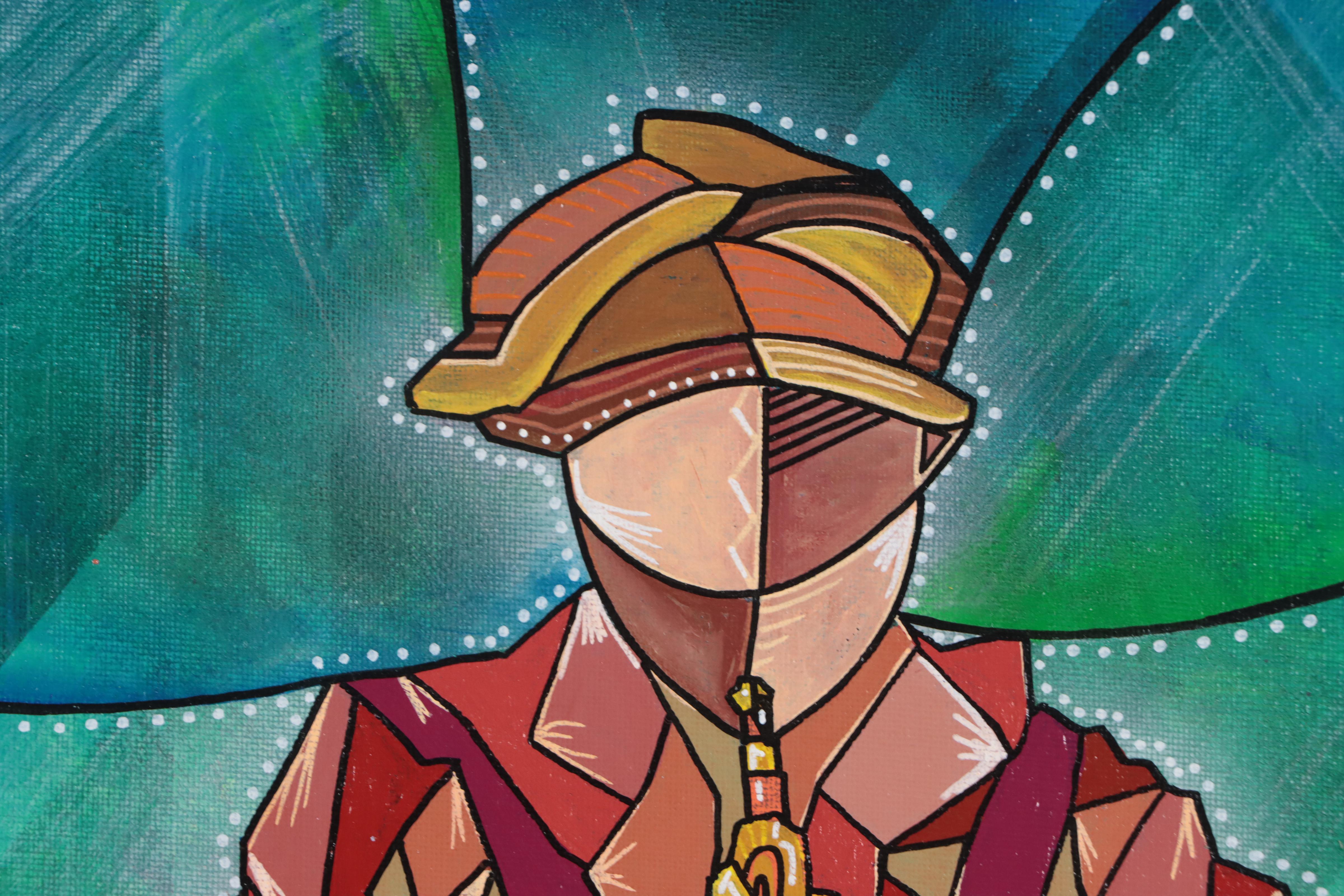 Ricardo Maya Acrylic Painting of Saxophonist, 21st Century