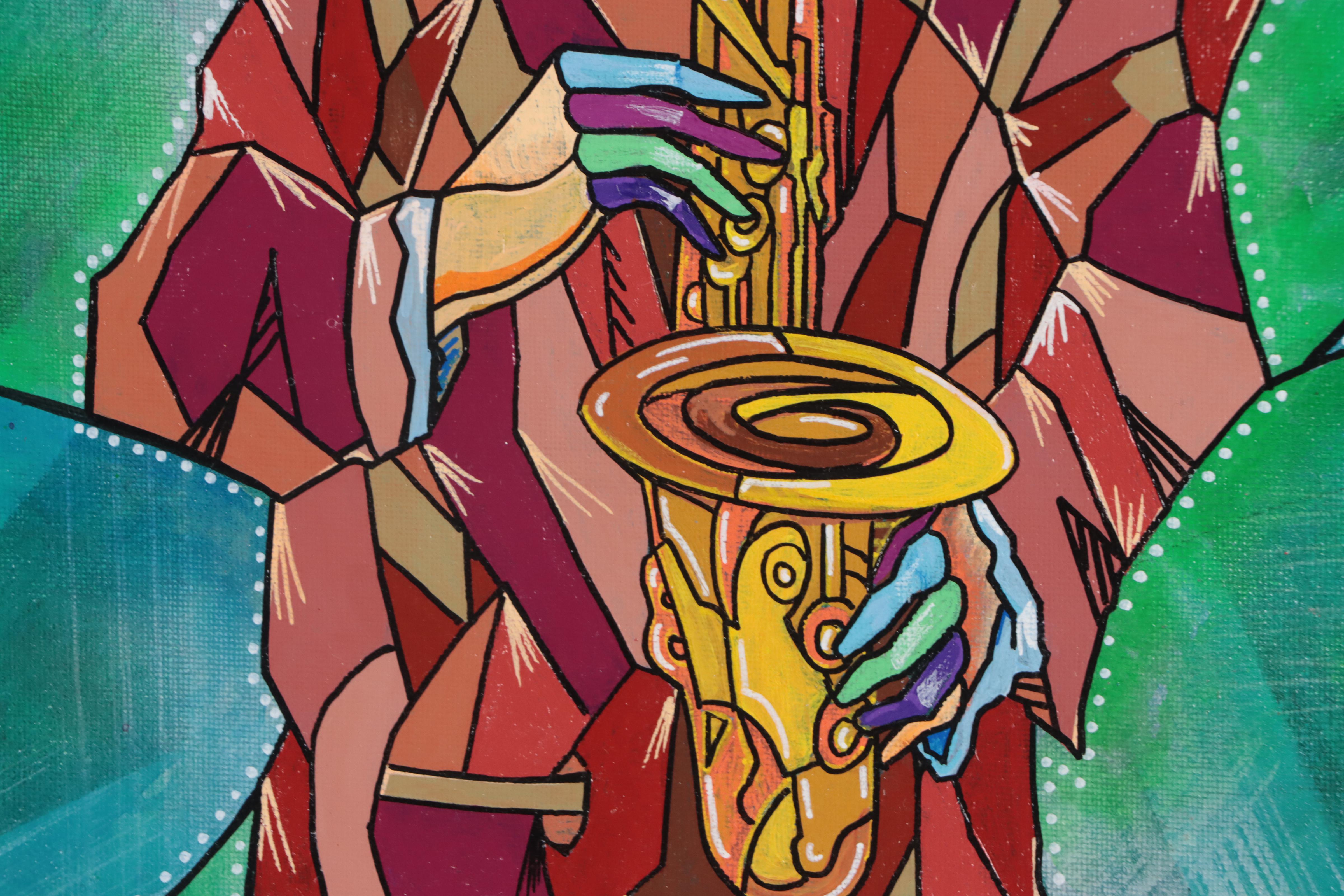 Ricardo Maya Acrylic Painting of Saxophonist, 21st Century