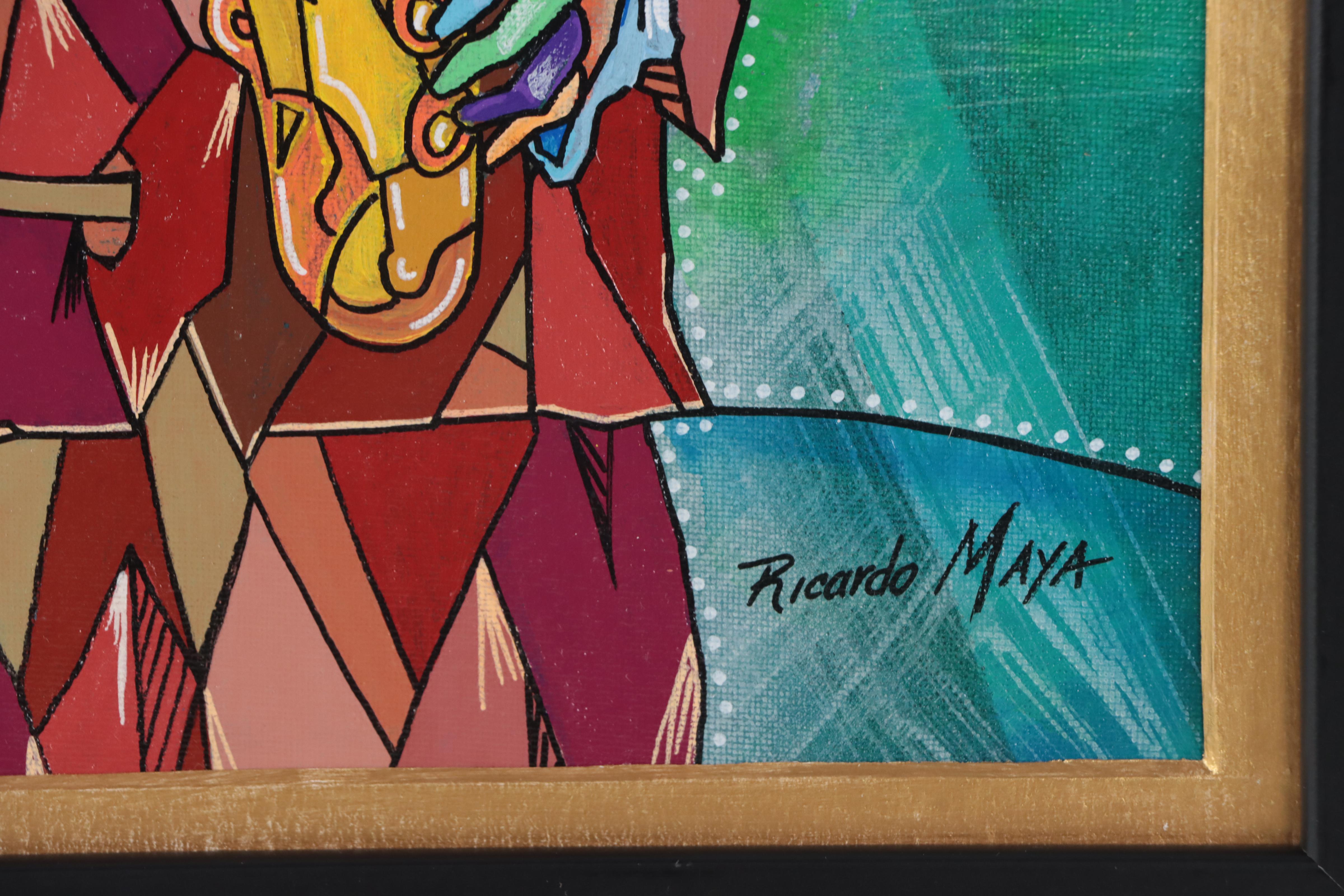 Ricardo Maya Acrylic Painting of Saxophonist, 21st Century