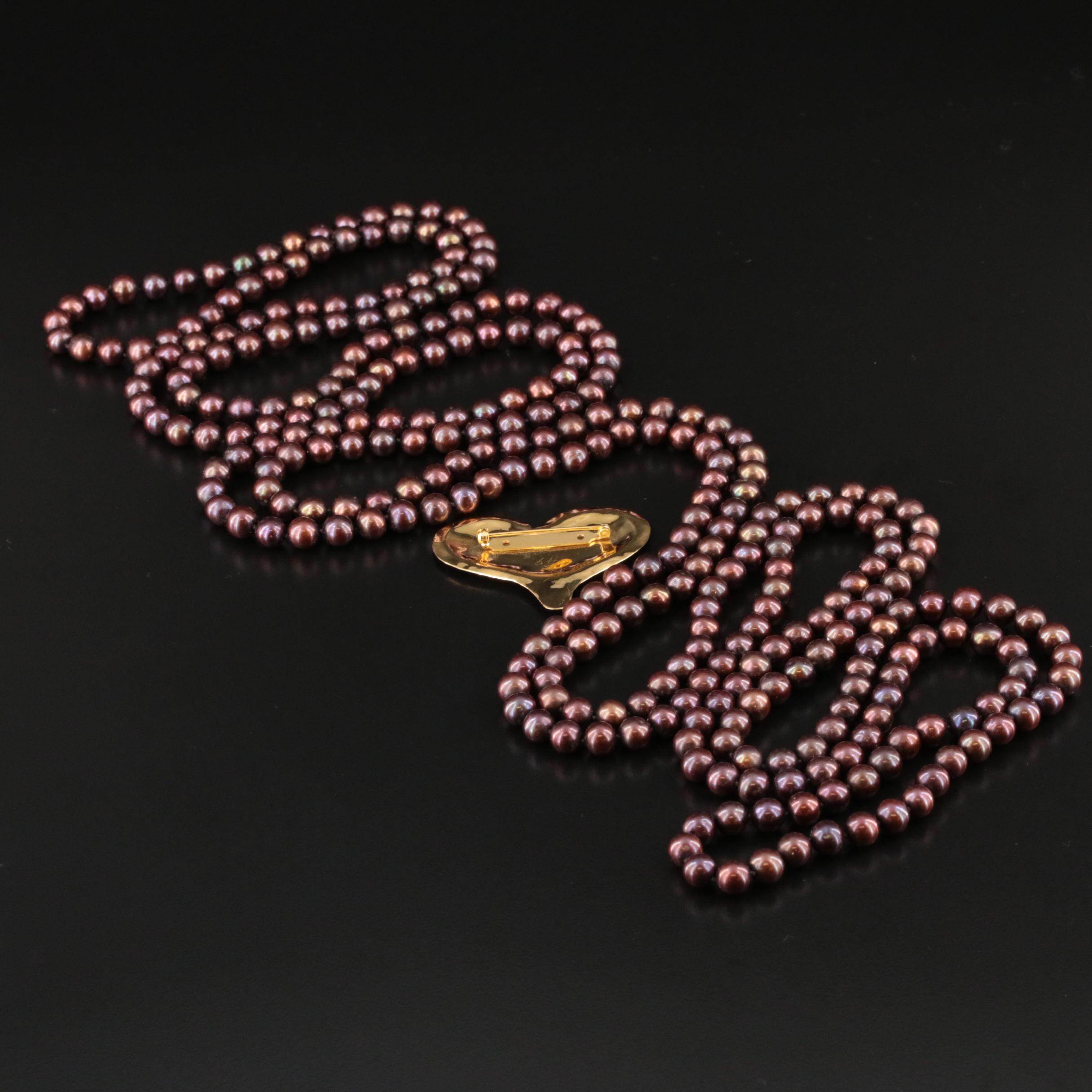 Rope Length Pearl Necklace with Hammered Heart Brooch