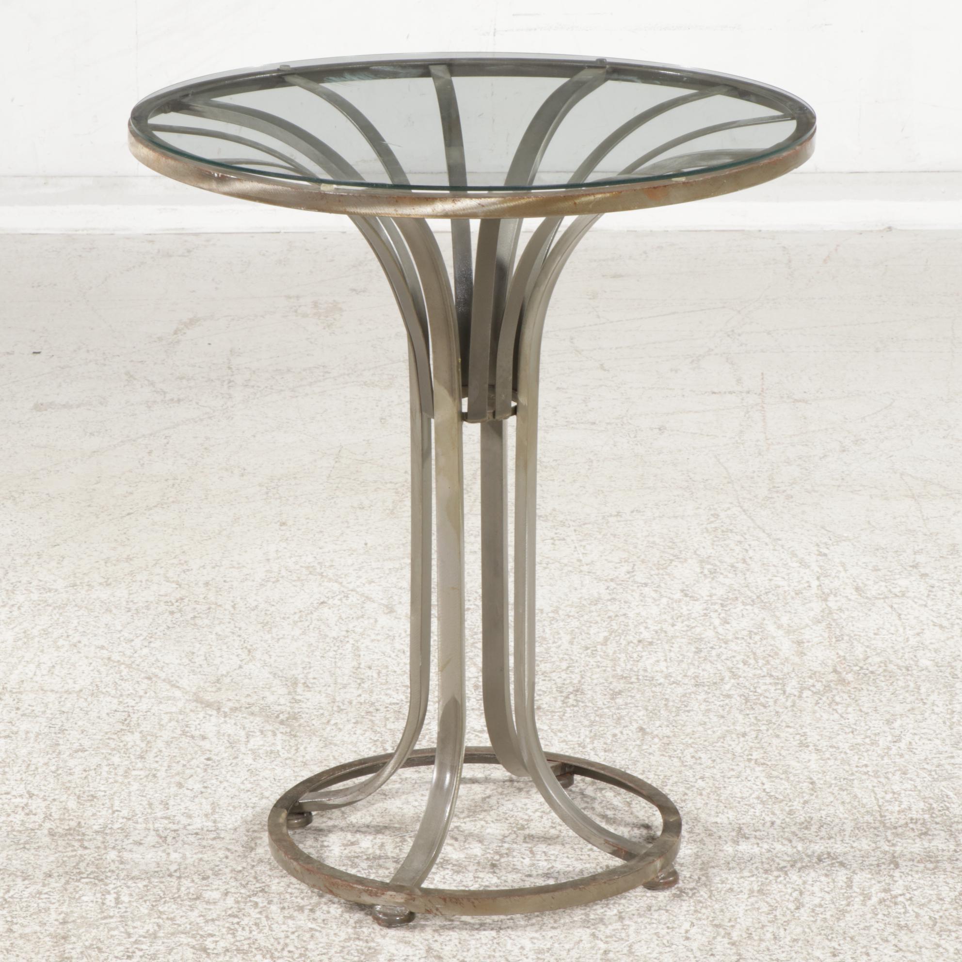 Shaver-Howard Brushed Steel, Black Vinyl and Glass Top Three-Piece Bistro Set