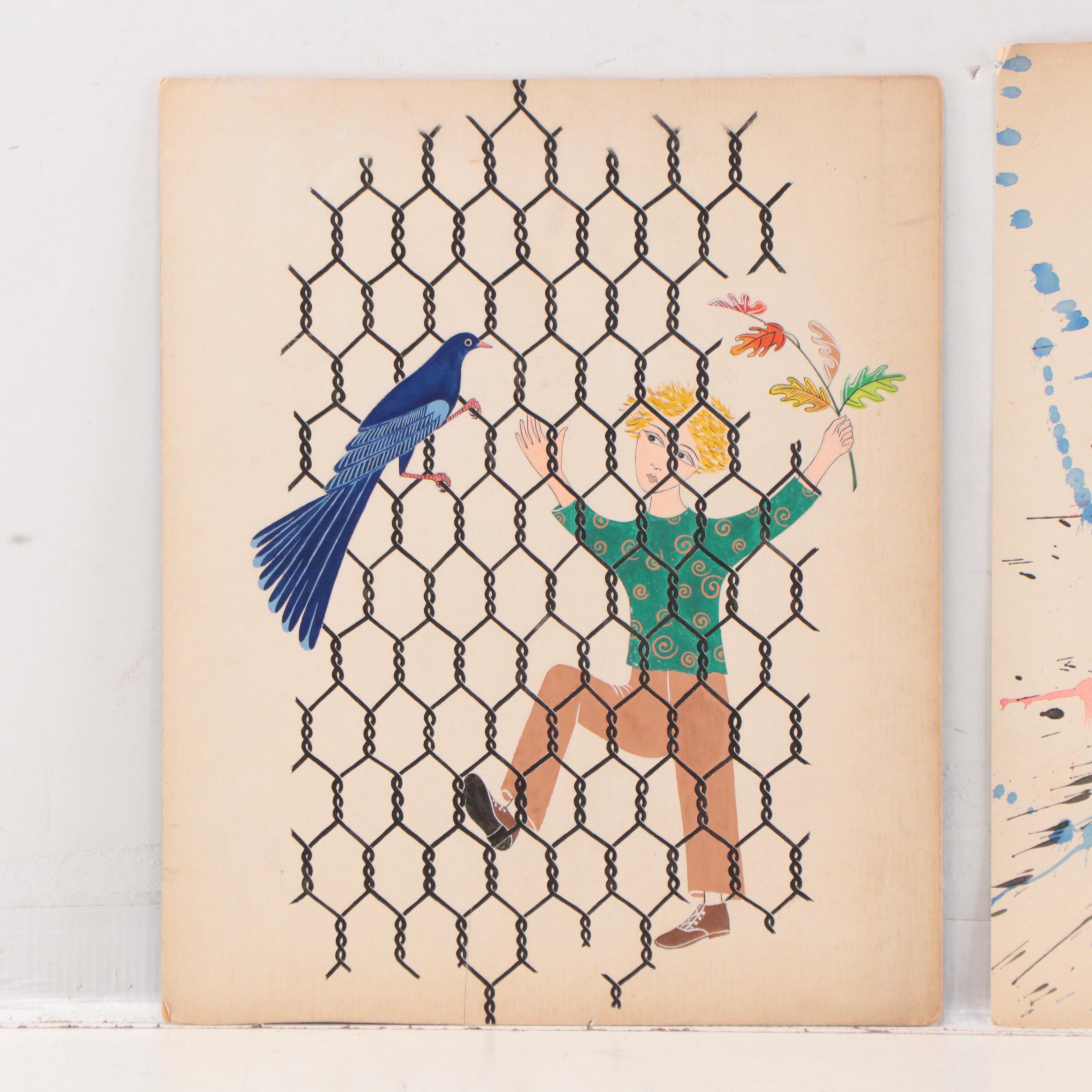 Abstract Watercolor Painting and Figurative Gouache Painting